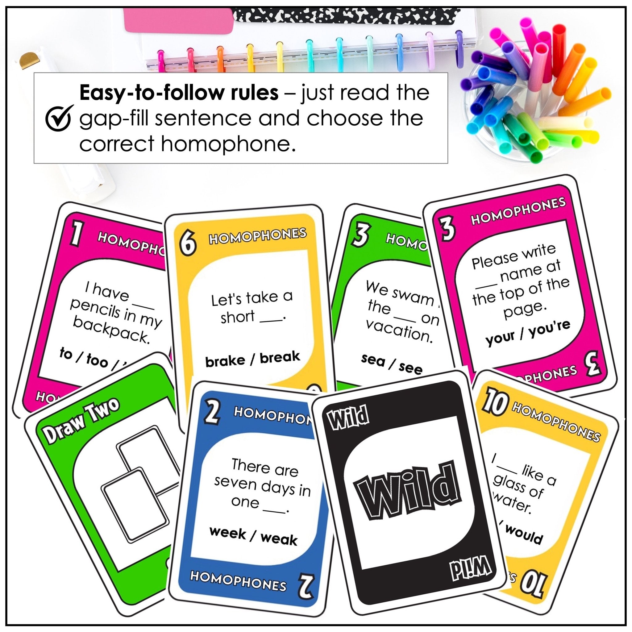 Homophones Card Game | 2nd 3rd 4th Grade ELA Gap Fill Grammar Review - Hot Chocolate Teachables