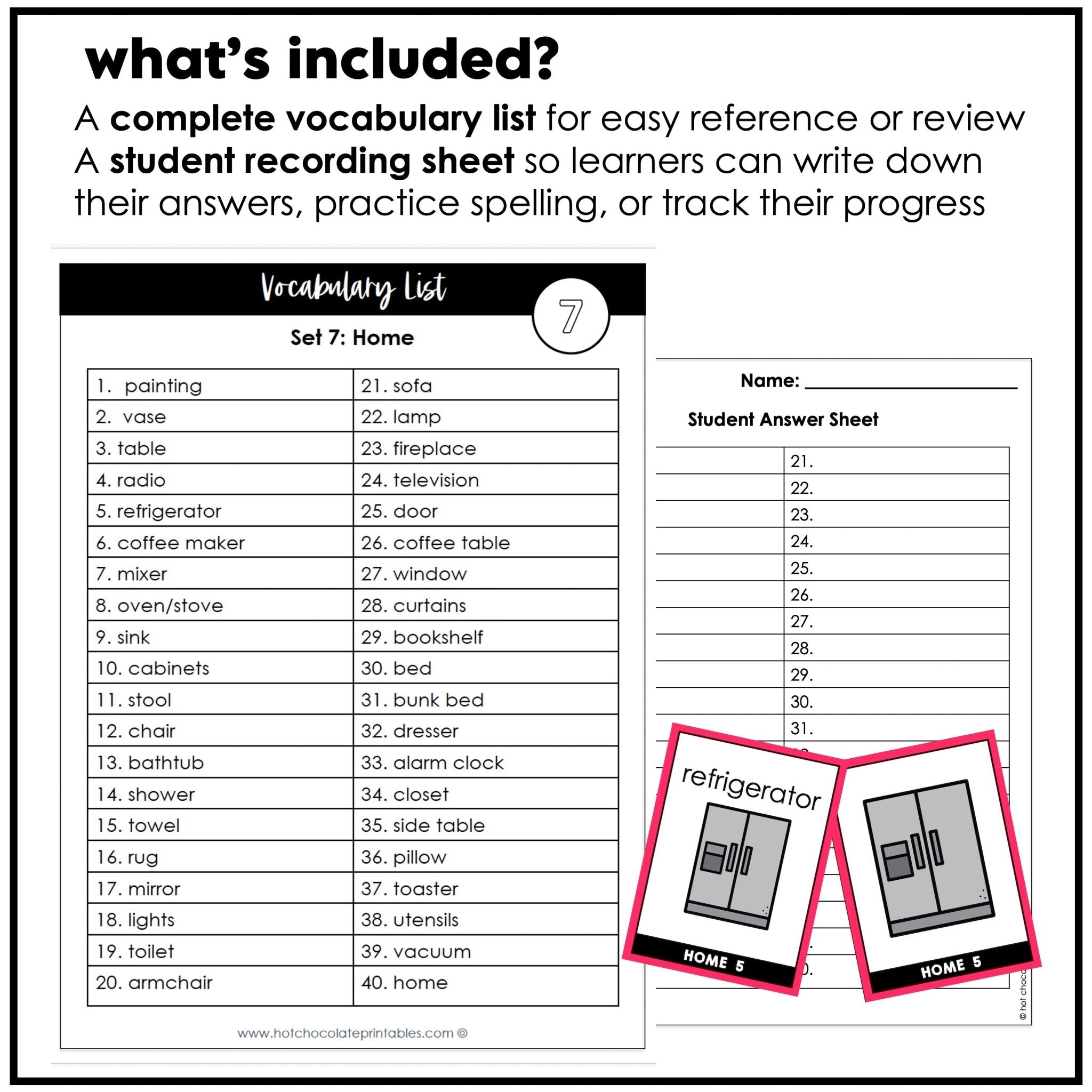 House & Furniture Vocabulary Flashcards for ESL - Kitchen, Bath, Home - Hot Chocolate Teachables