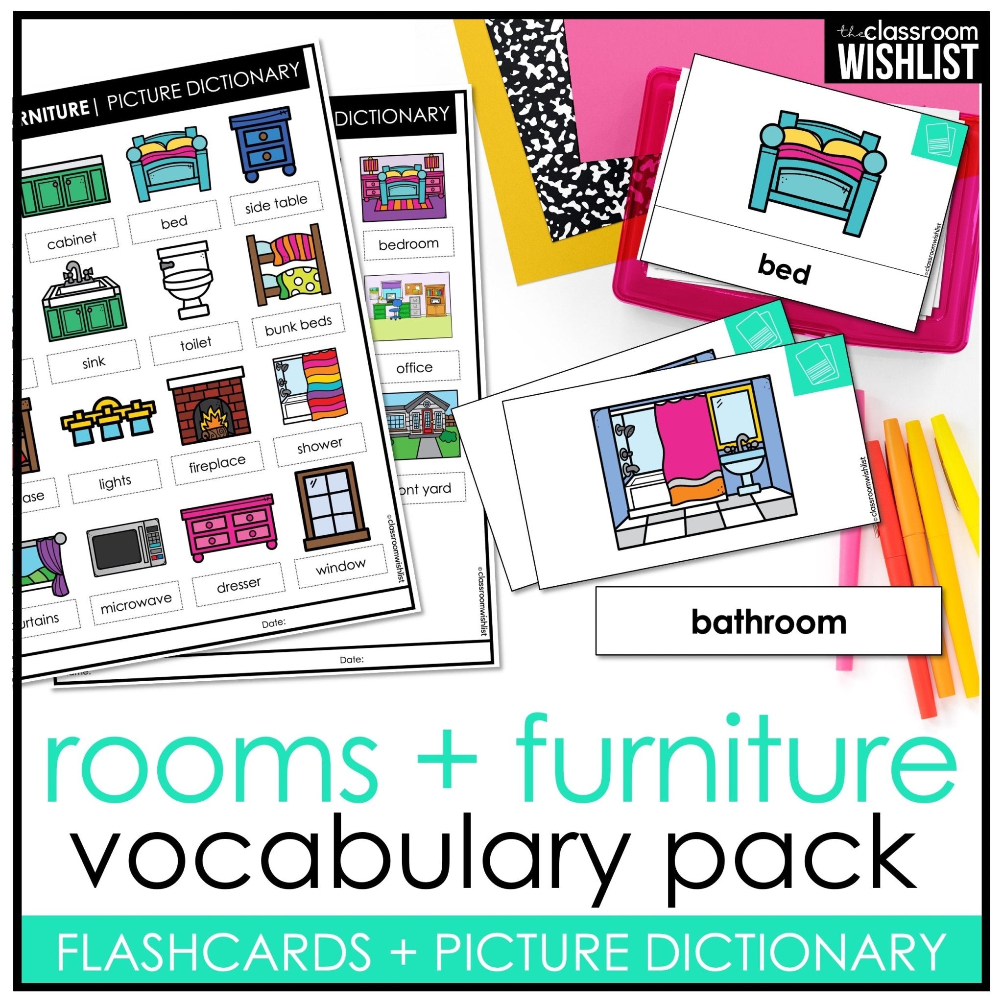 House, Rooms & Furniture Vocabulary Pack: Flashcards & Picture Dictionary - Hot Chocolate Teachables