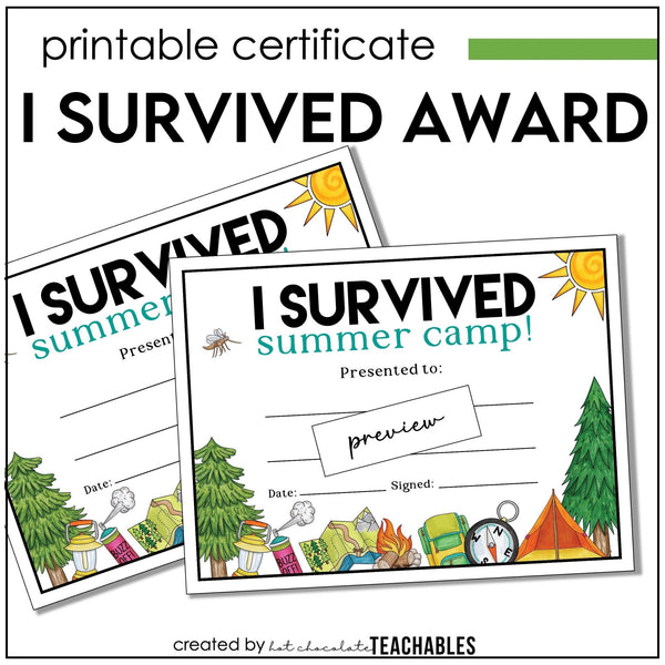 I Survived Summer Camp Awards, Summer Camp Certificate for Kids - Hot Chocolate Teachables