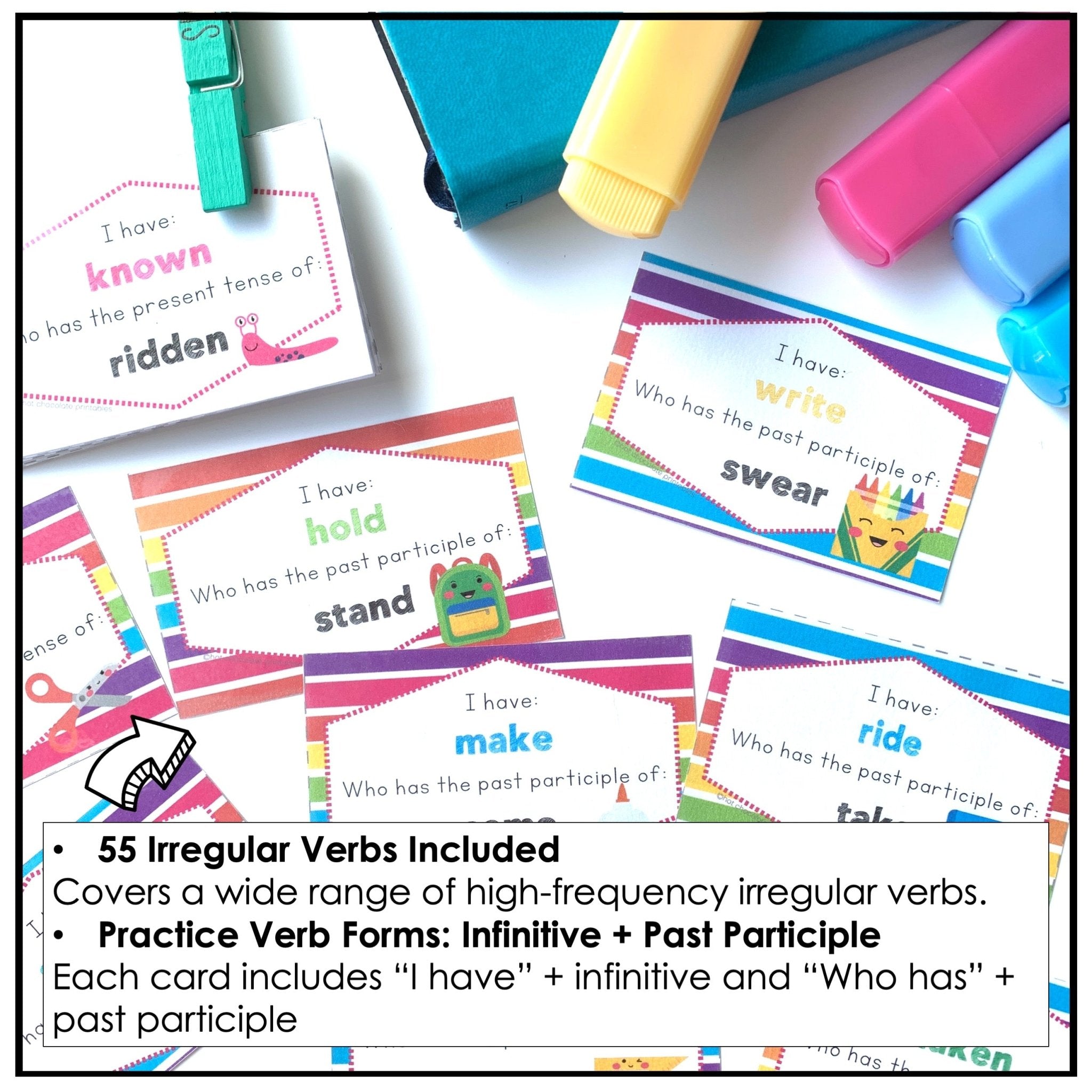 Irregular Verb Card Game - Past Participles - I have, Who has - Hot Chocolate Teachables