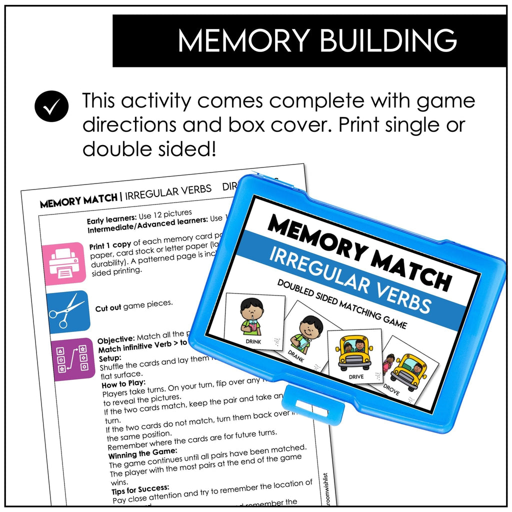 Irregular Verb Memory Game | Infinitive to Past Tense Verb Picture Match Cards - Hot Chocolate Teachables