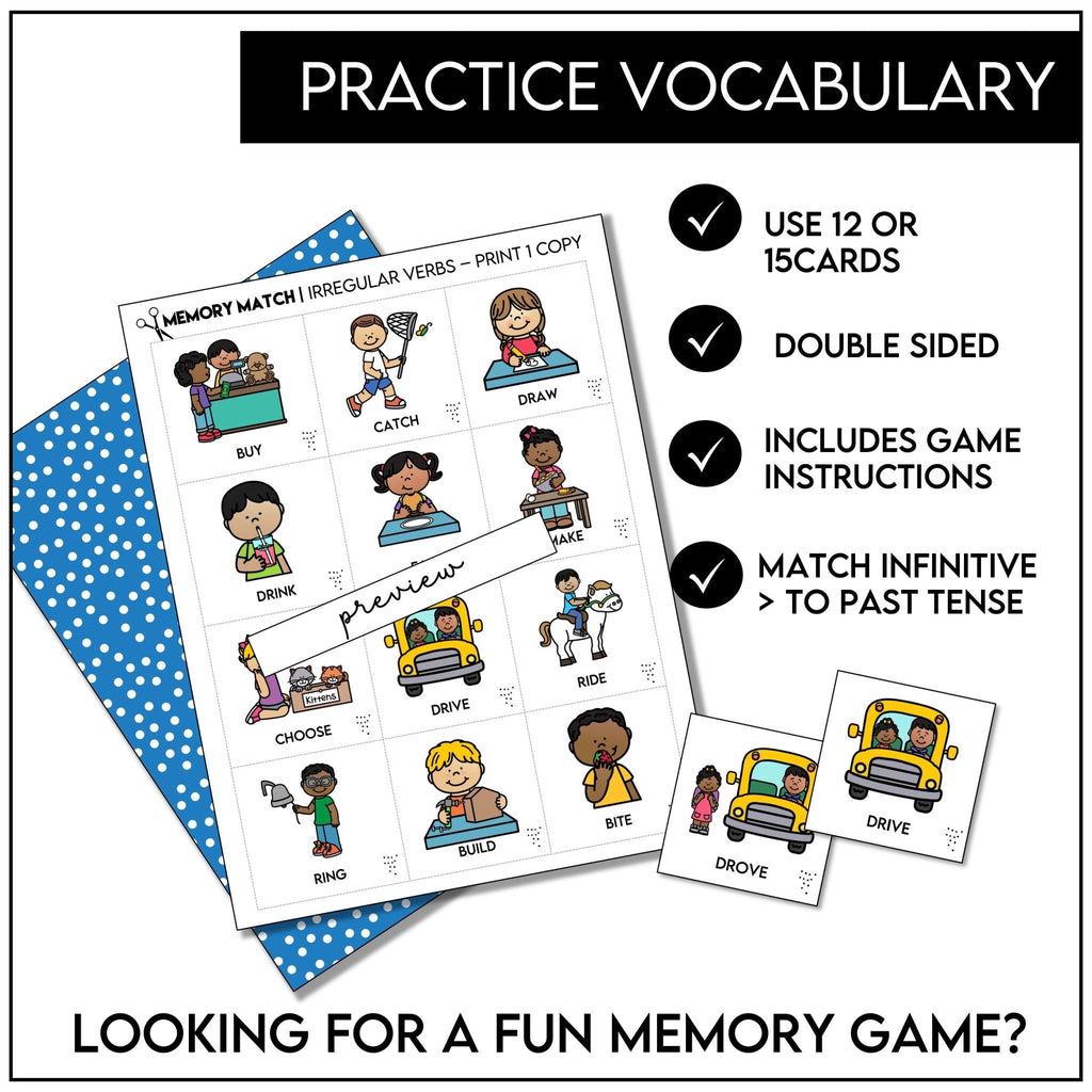 Irregular Verb Memory Game | Infinitive to Past Tense Verb Picture Match Cards - Hot Chocolate Teachables