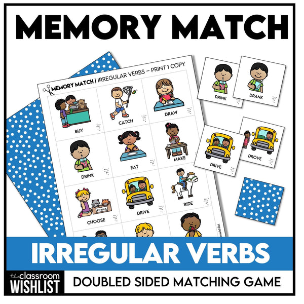 Irregular Verb Memory Game | Infinitive to Past Tense Verb Picture Match Cards - Hot Chocolate Teachables