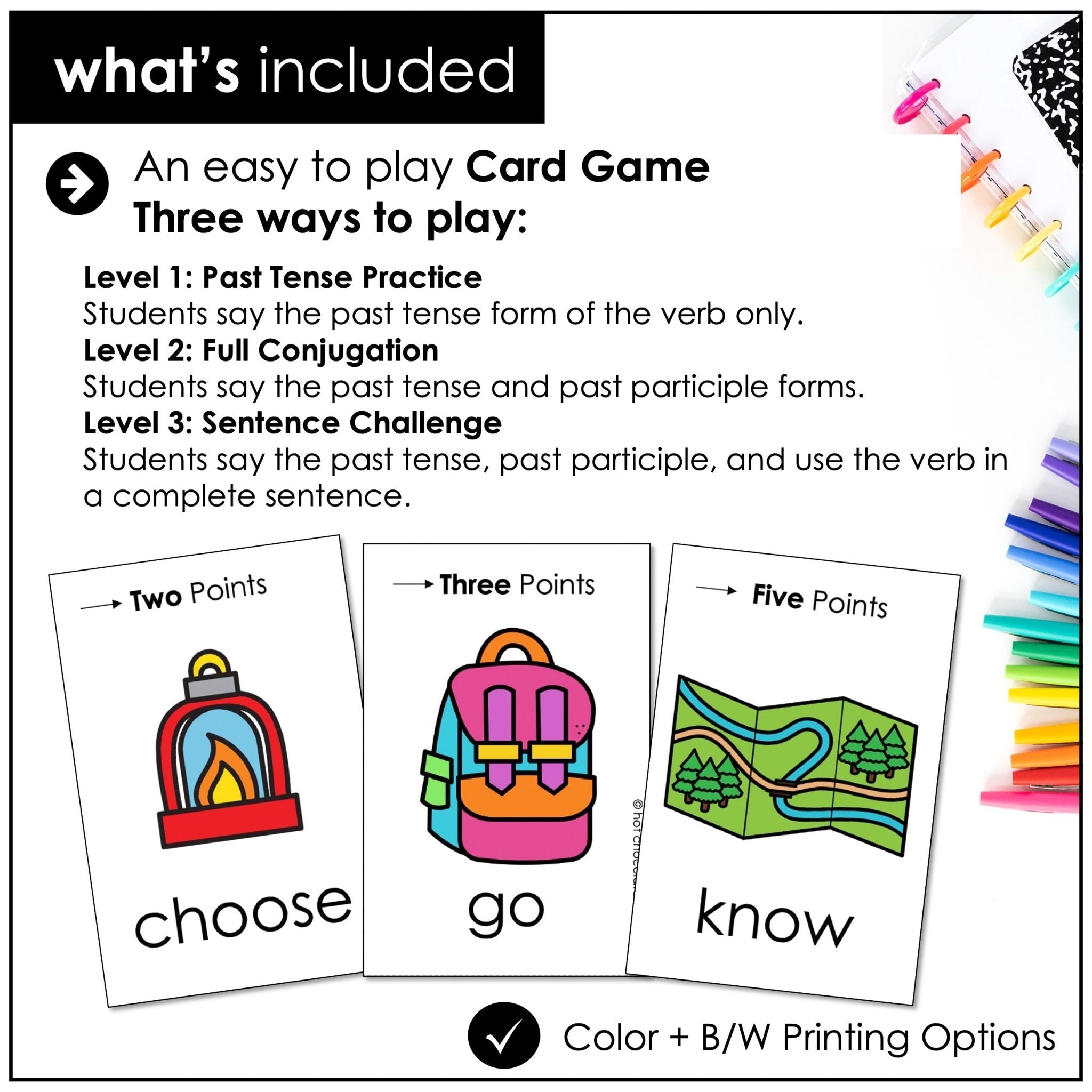 Irregular Verbs Card Game – Past Tense & Past Participle Conjugation Practice - Hot Chocolate Teachables