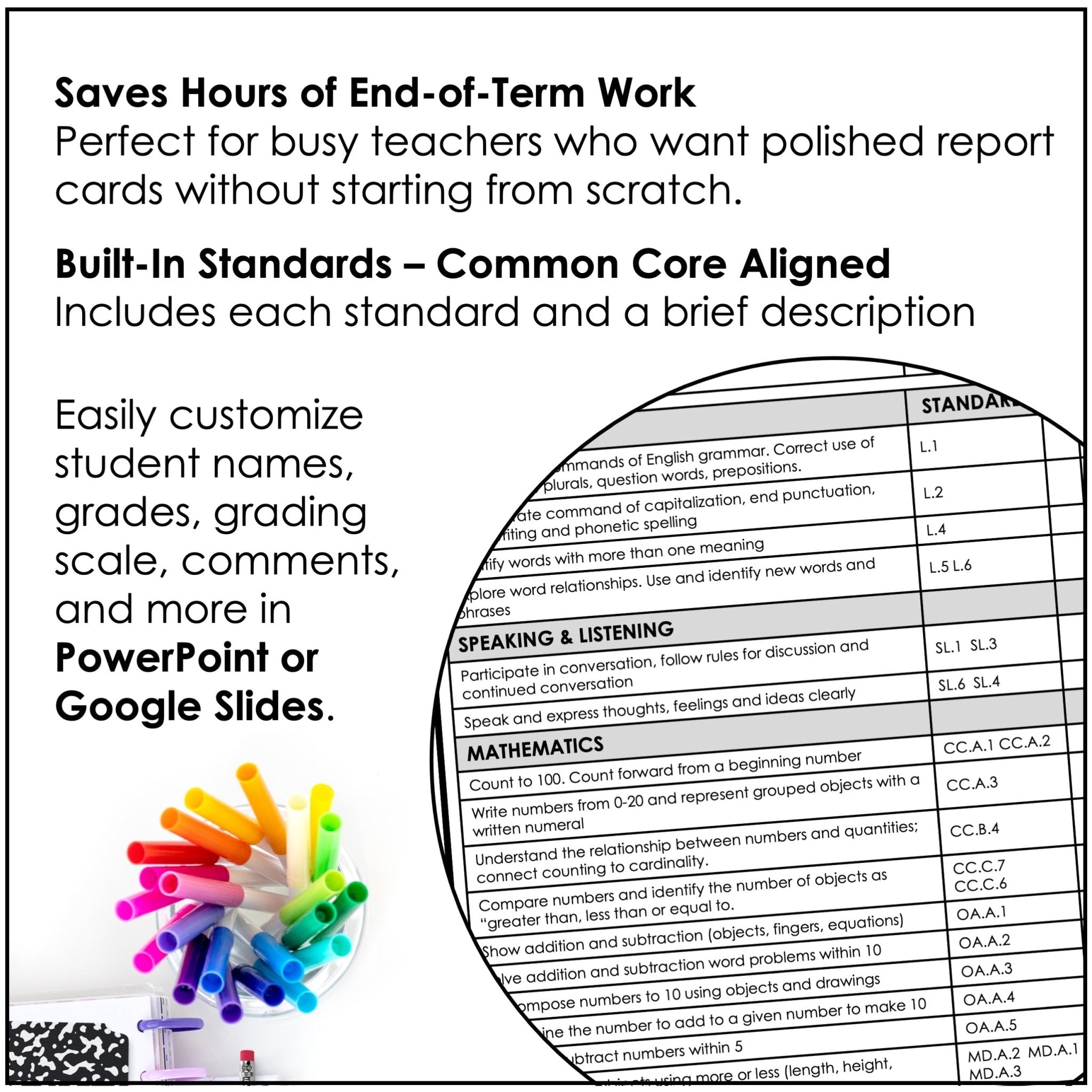 Kindergarten Report Card Templates – Editable with Common Core Standards - Hot Chocolate Teachables