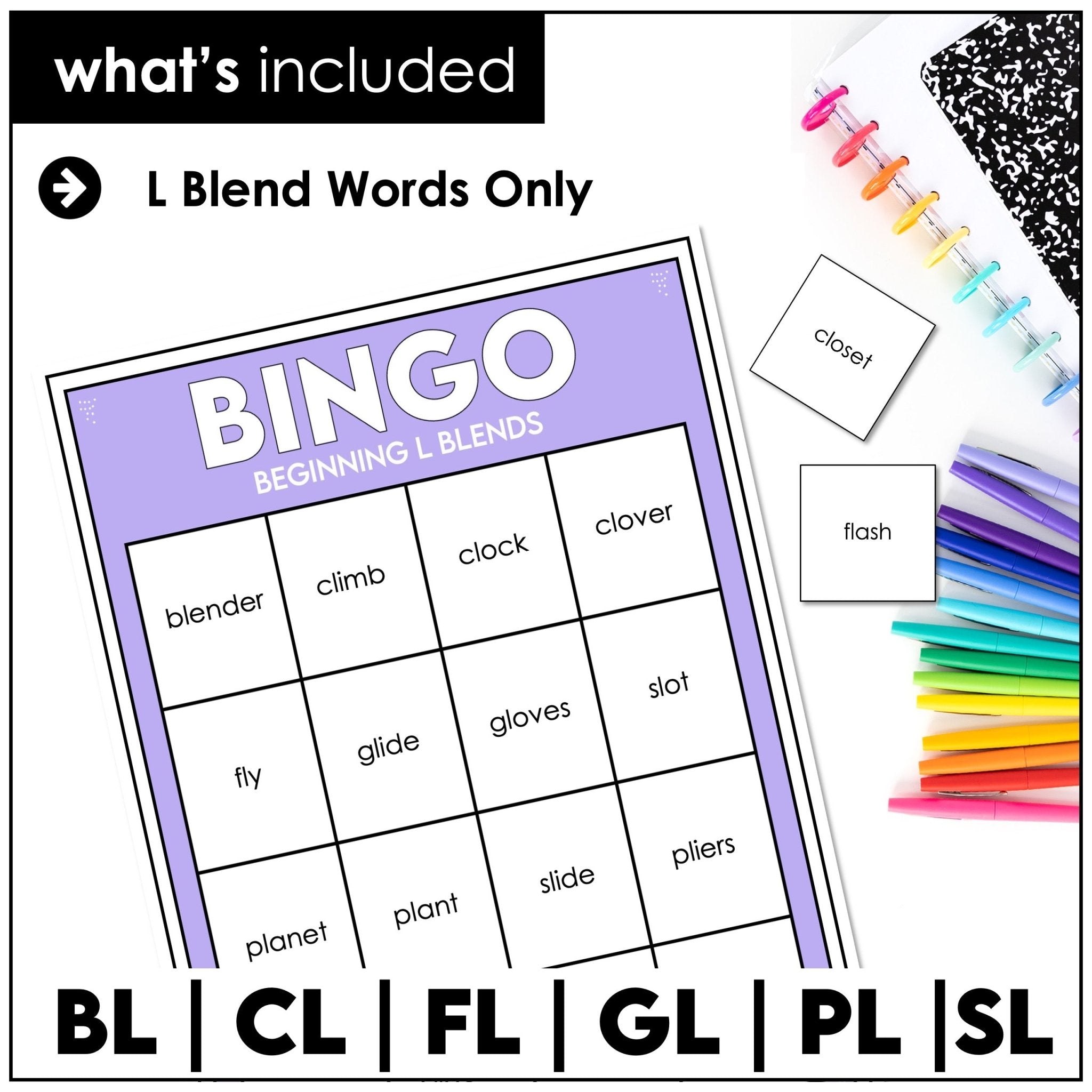 L Blends Bingo Game – Beginning Consonant Blends BL, CL, FL, GL, PL, SL Phonics - Hot Chocolate Teachables