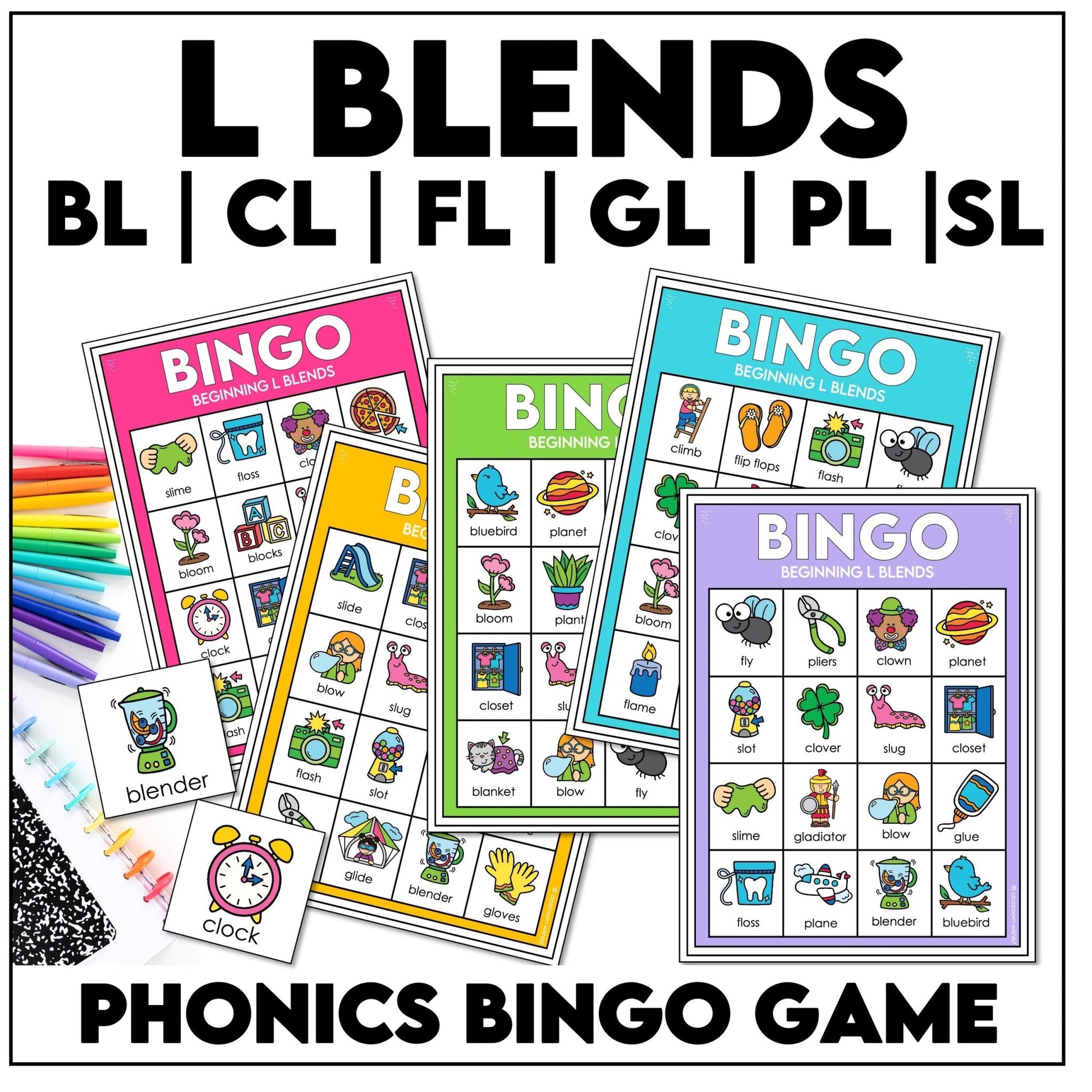 L Blends Bingo Game – Beginning Consonant Blends BL, CL, FL, GL, PL, SL Phonics - Hot Chocolate Teachables
