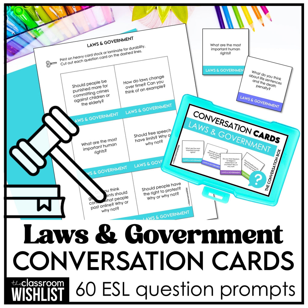 Laws, Government & Society Conversation Cards | 60 Discussion Prompts for ESL - Hot Chocolate Teachables