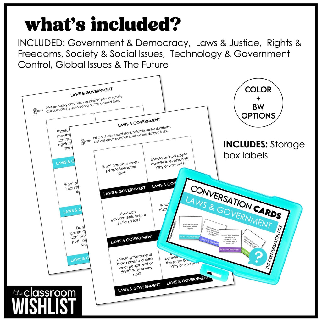 Laws, Government & Society Conversation Cards | 60 Discussion Prompts for ESL - Hot Chocolate Teachables