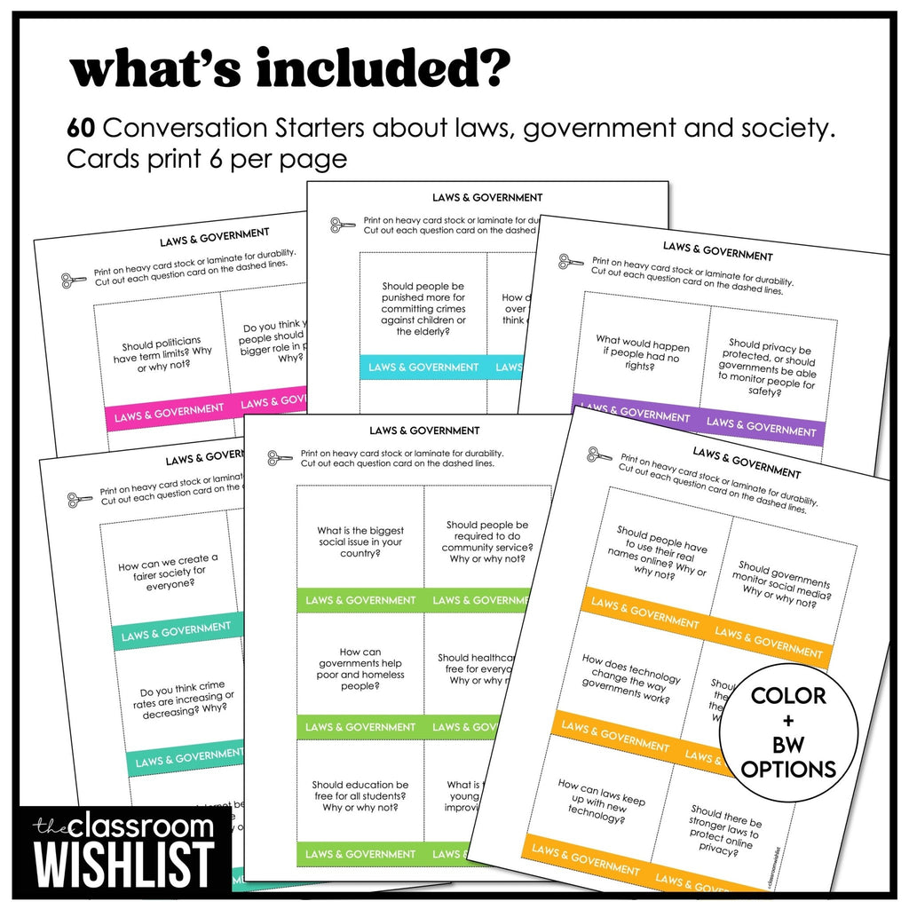 Laws, Government & Society Conversation Cards | 60 Discussion Prompts for ESL - Hot Chocolate Teachables