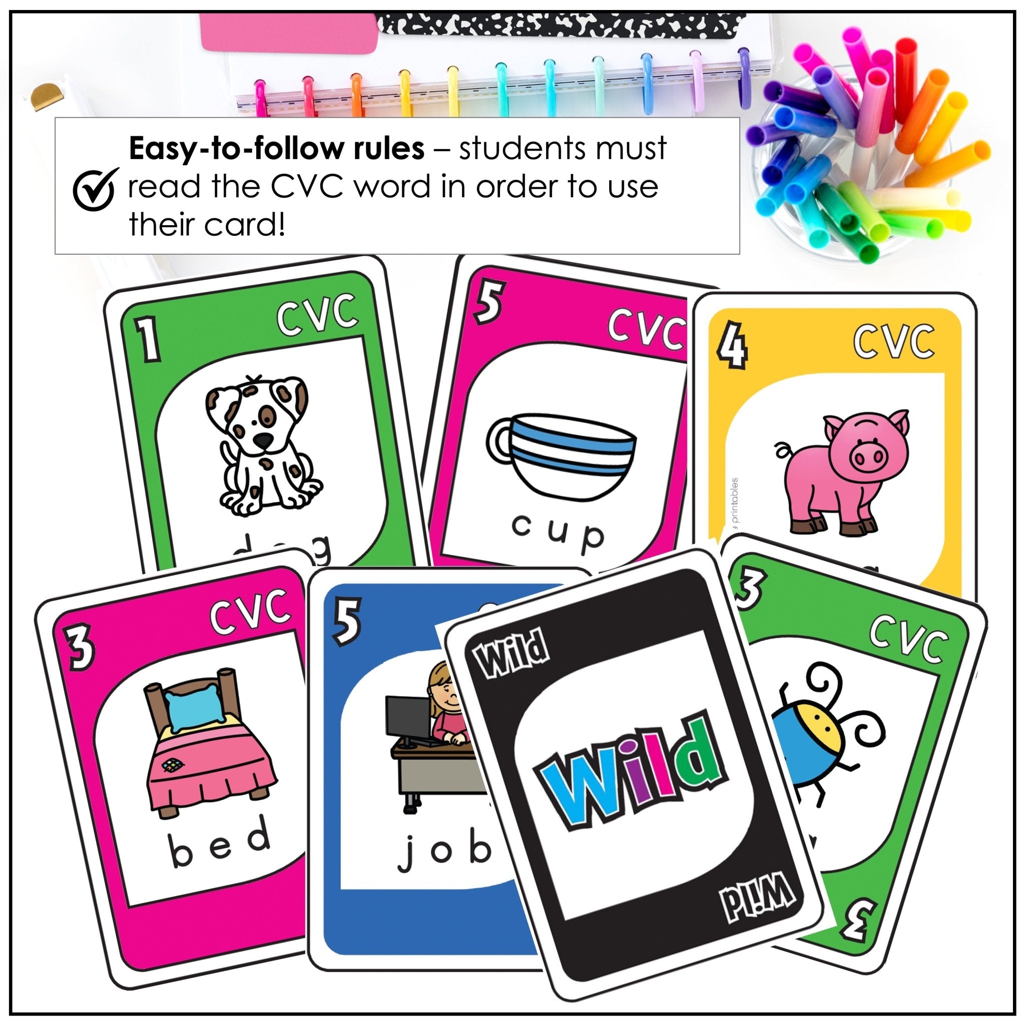 Literacy Card Game: CVC words Short A - E - I - O - U with image and missing vowel - Hot Chocolate Teachables