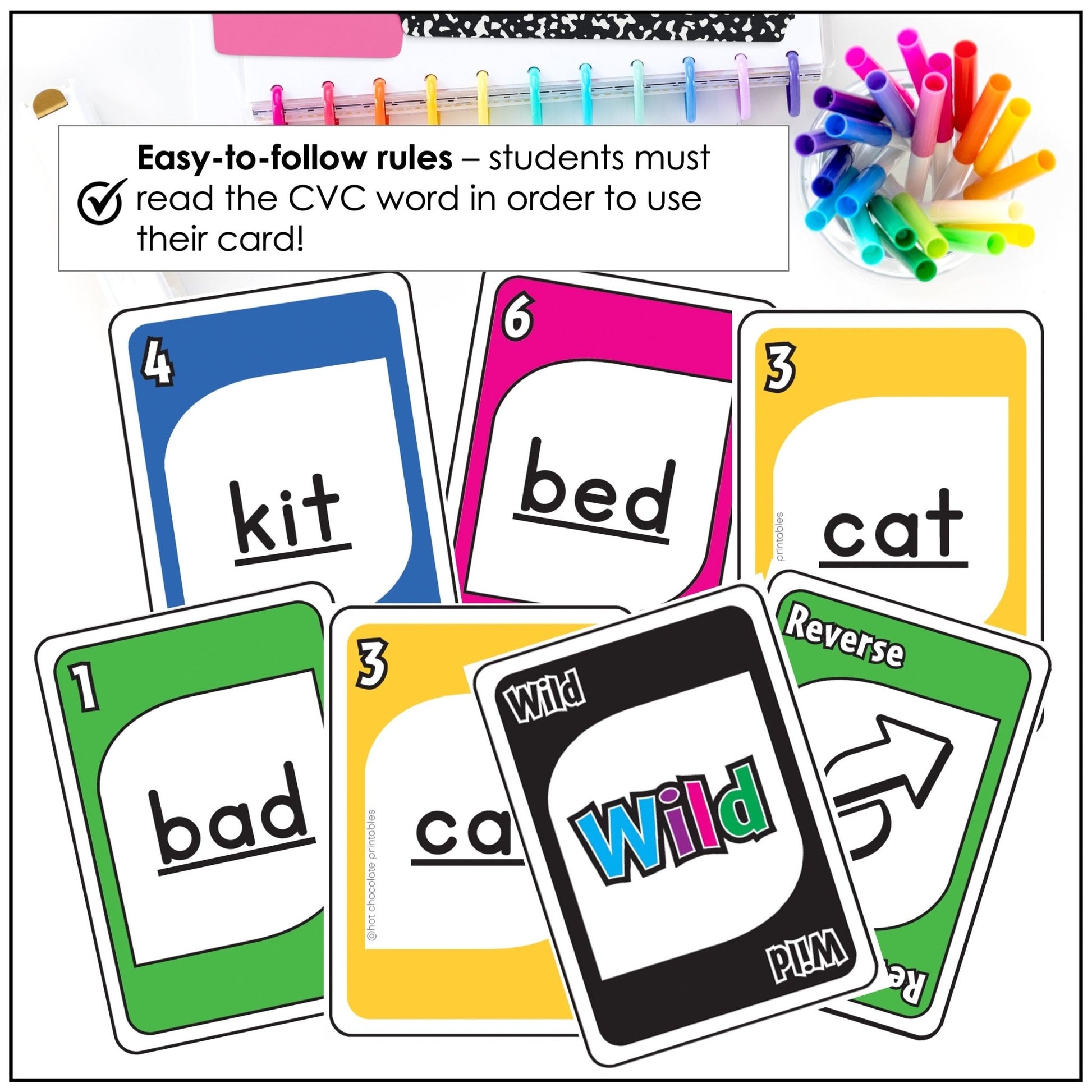 Literacy Card Game for CVC short vowels a - e - i - o - u: Plays like UNO! - Hot Chocolate Teachables