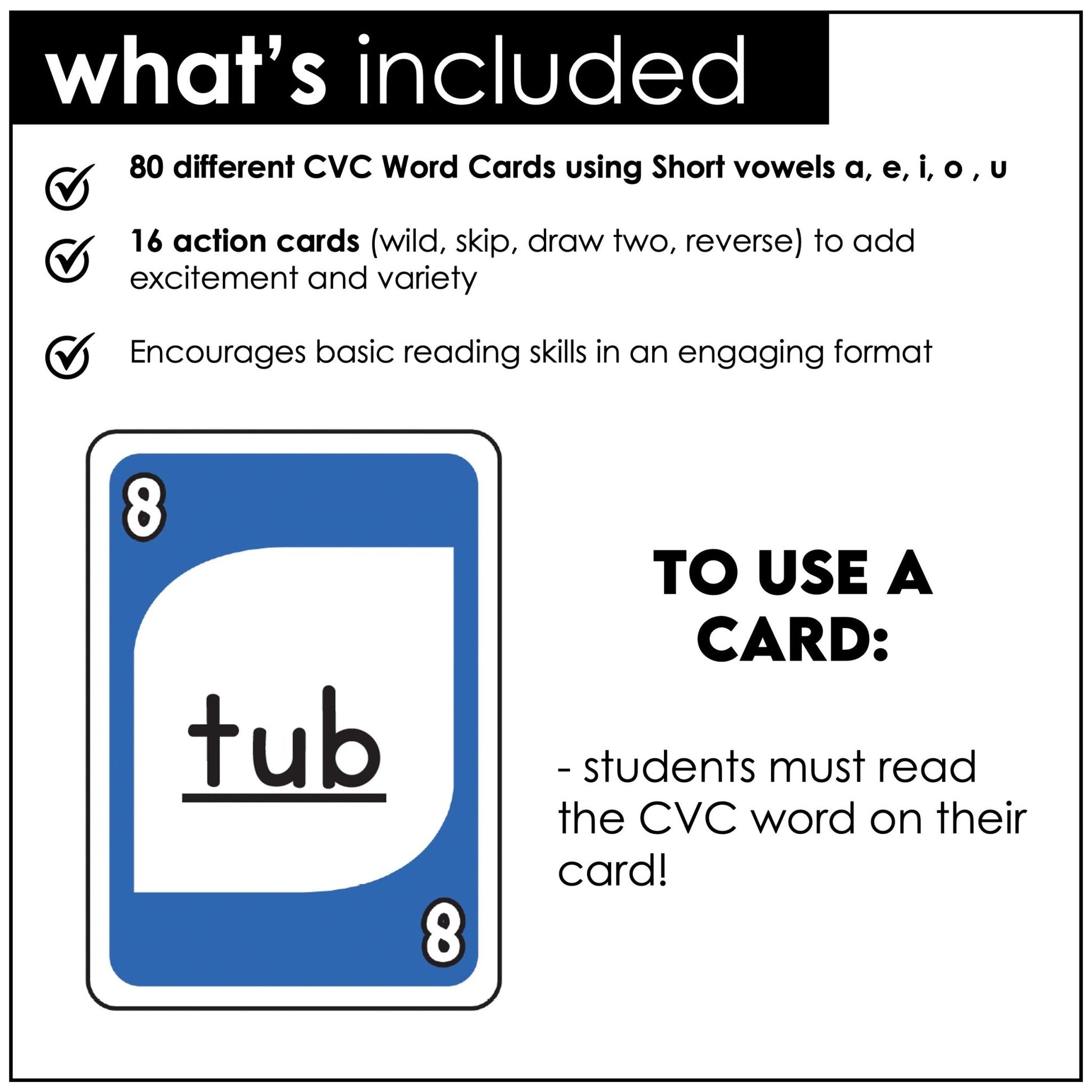 Literacy Card Game for CVC short vowels a - e - i - o - u: Plays like UNO! - Hot Chocolate Teachables