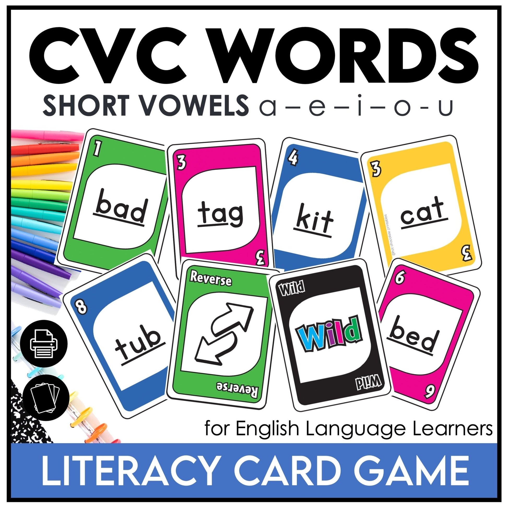 Literacy Card Game for CVC short vowels a - e - i - o - u: Plays like UNO! - Hot Chocolate Teachables