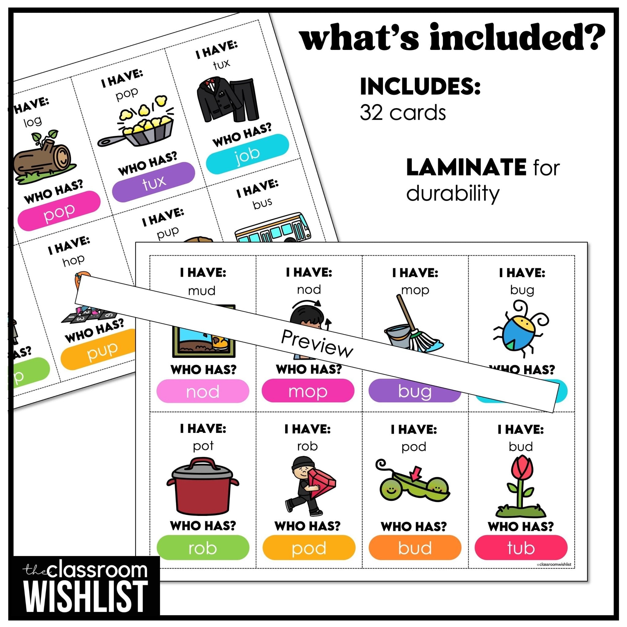 Literacy Card Game for CVC Short Vowels O - U - I HAVE, WHO HAS? - Hot Chocolate Teachables