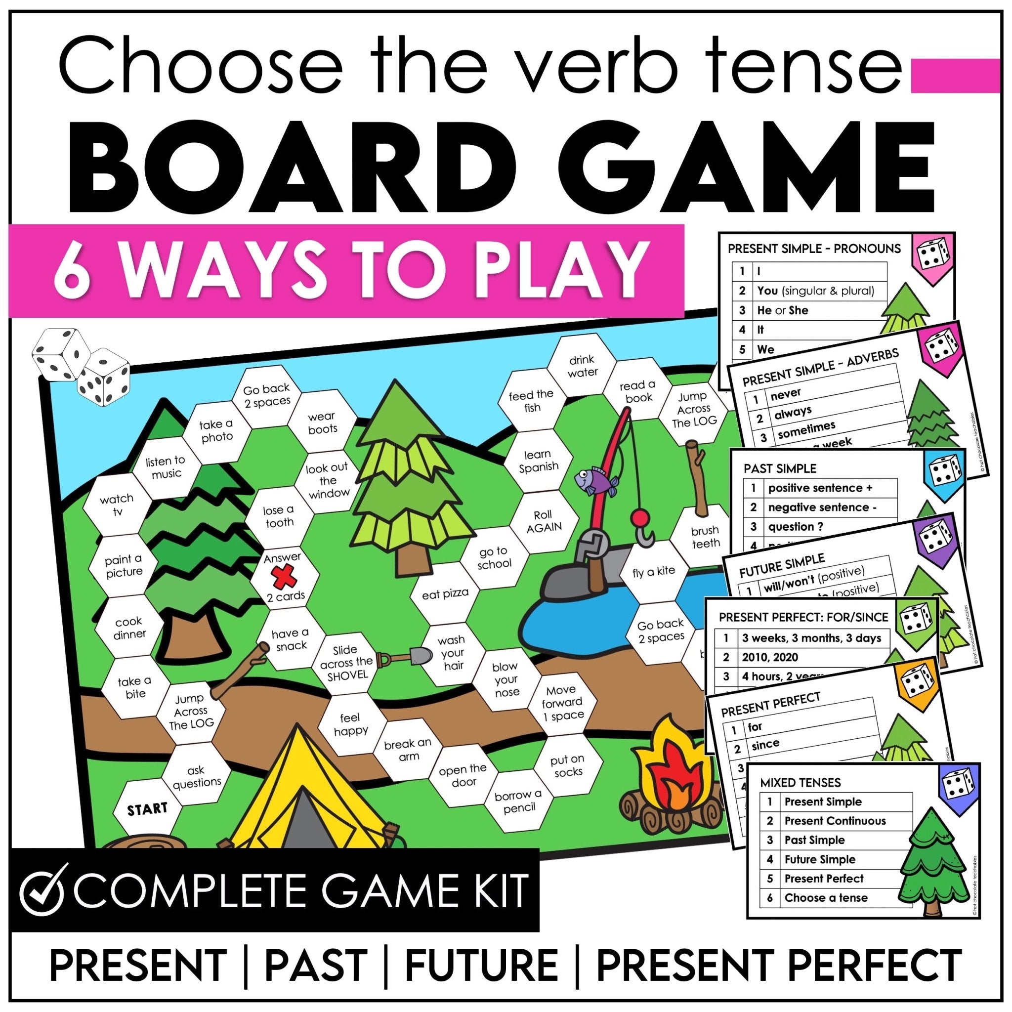 Mixed Verb Tenses Board Game - 6 Ways to Play - Present, Past, Future, Adverbs - Hot Chocolate Teachables
