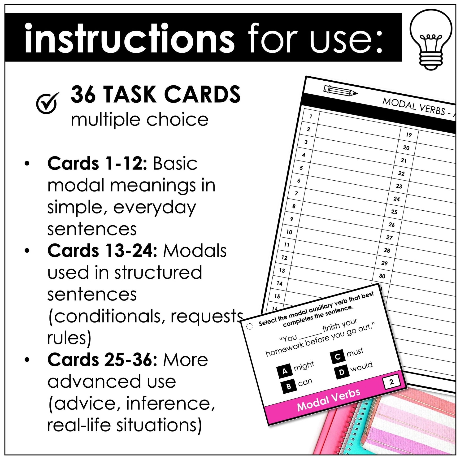 Modal Verbs Task Cards – Must, Should, Would, Can, Could, May, Might, Will, Shall (ESL Grammar) - Hot Chocolate Teachables