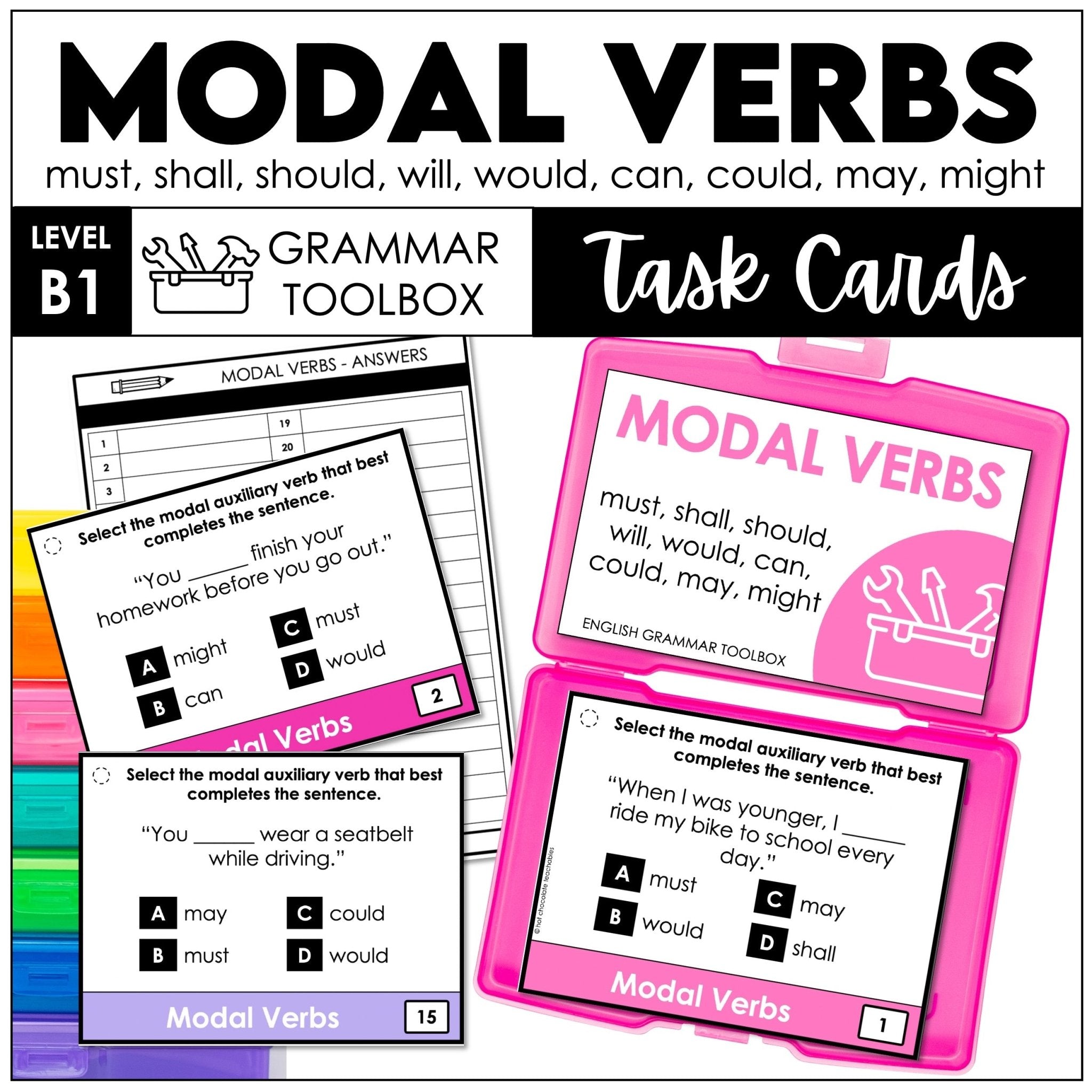 Modal Verbs Task Cards – Must, Should, Would, Can, Could, May, Might, Will, Shall (ESL Grammar) - Hot Chocolate Teachables