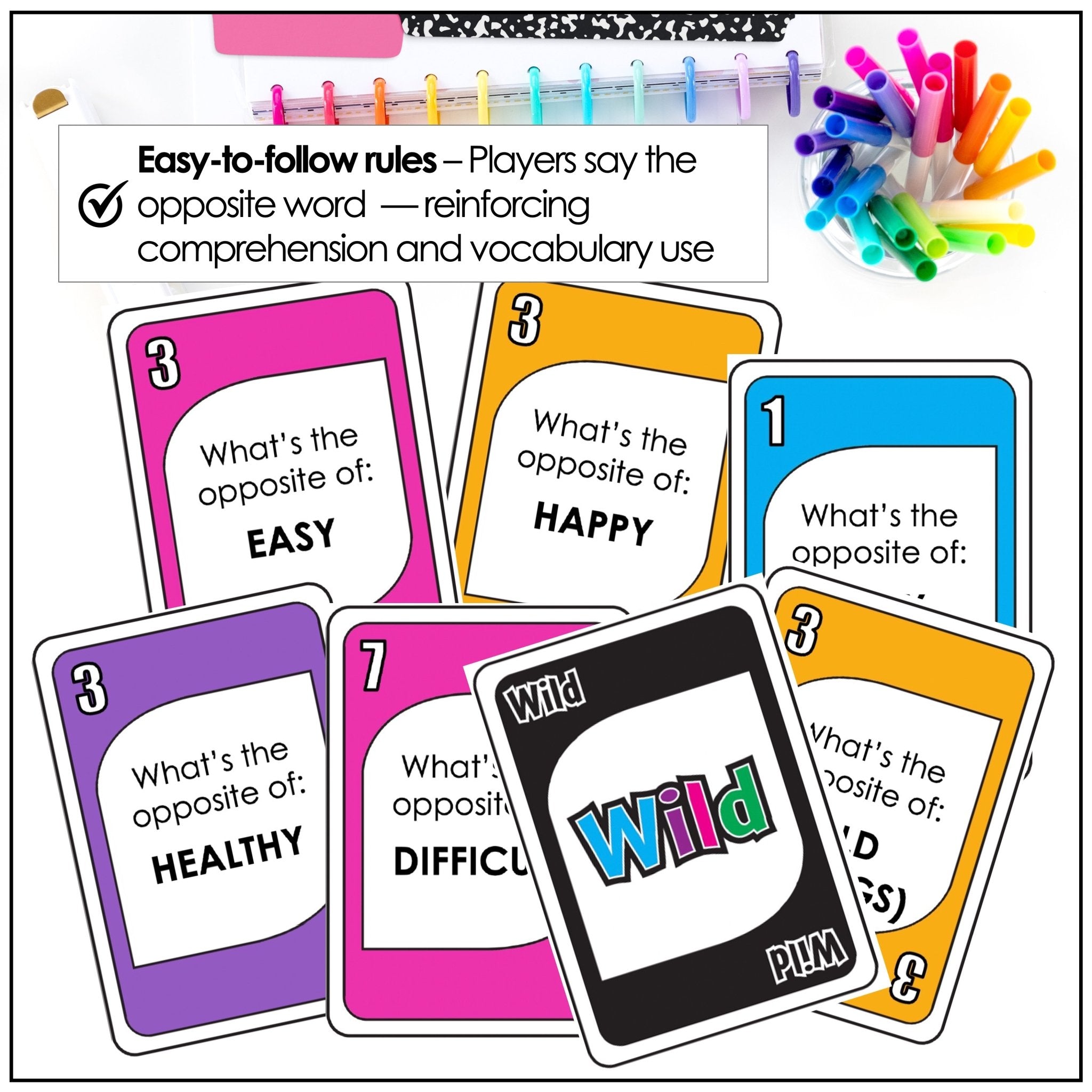 Opposites: Vocabulary UNO Inspired Card Game - Antonyms - Hot Chocolate Teachables