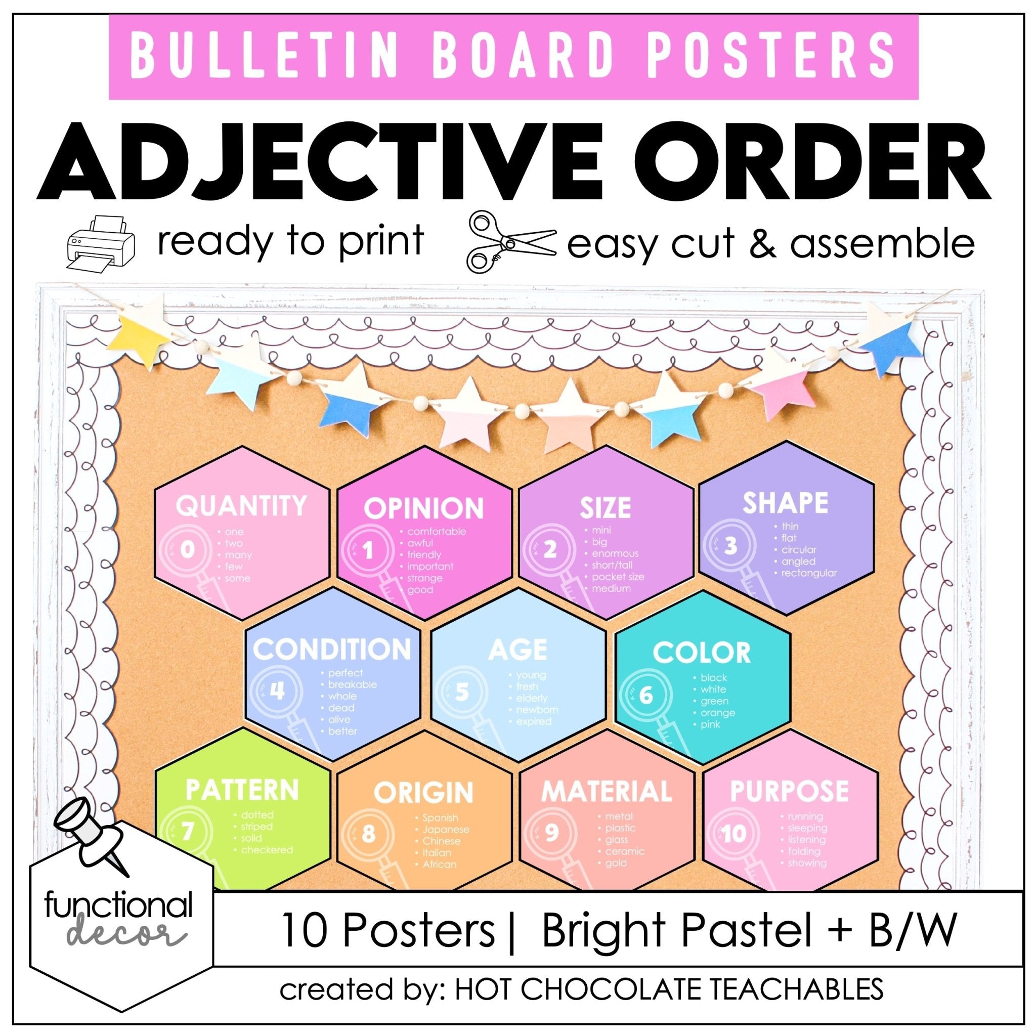 Order of Adjectives Posters – Pastel Grammar Anchor Charts - Hot Chocolate Teachables