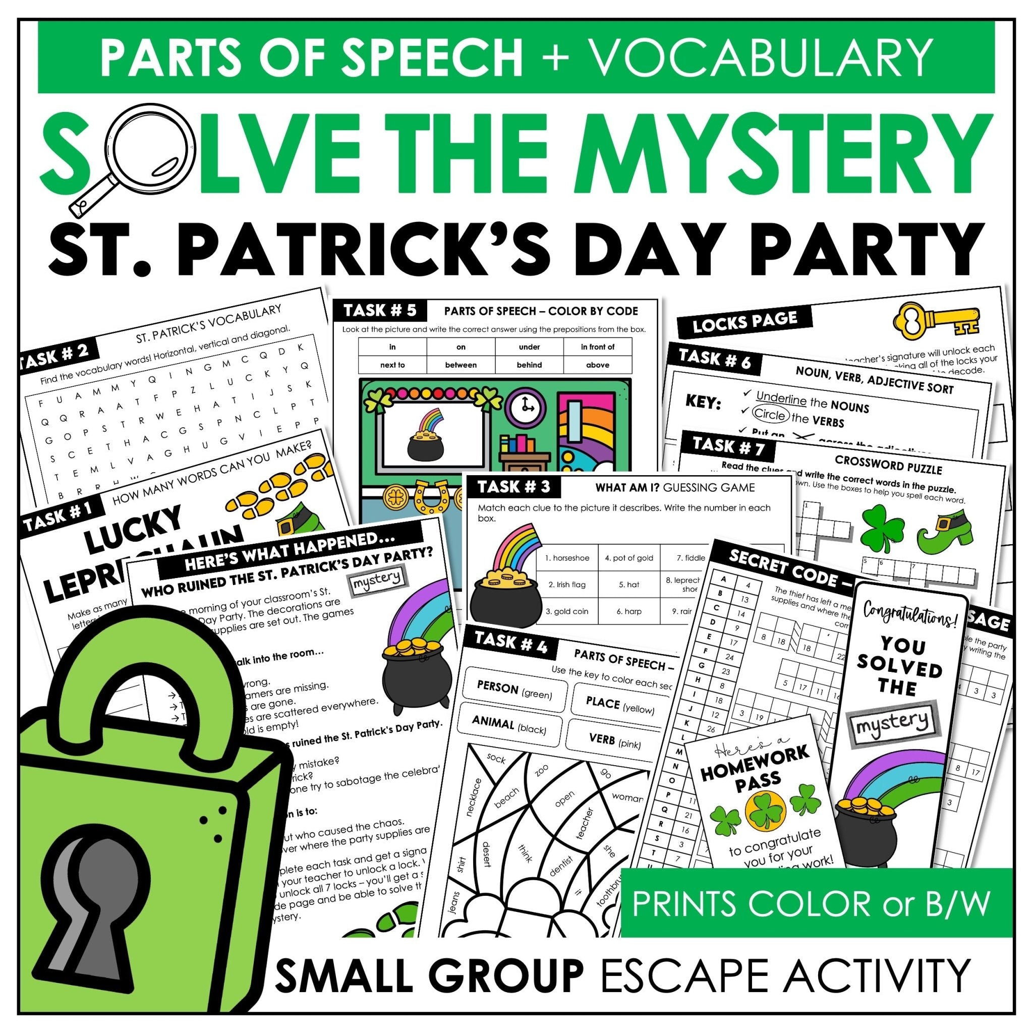 Parts of Speech Escape Room – St. Patrick’s Day Mystery Activity - Hot Chocolate Teachables
