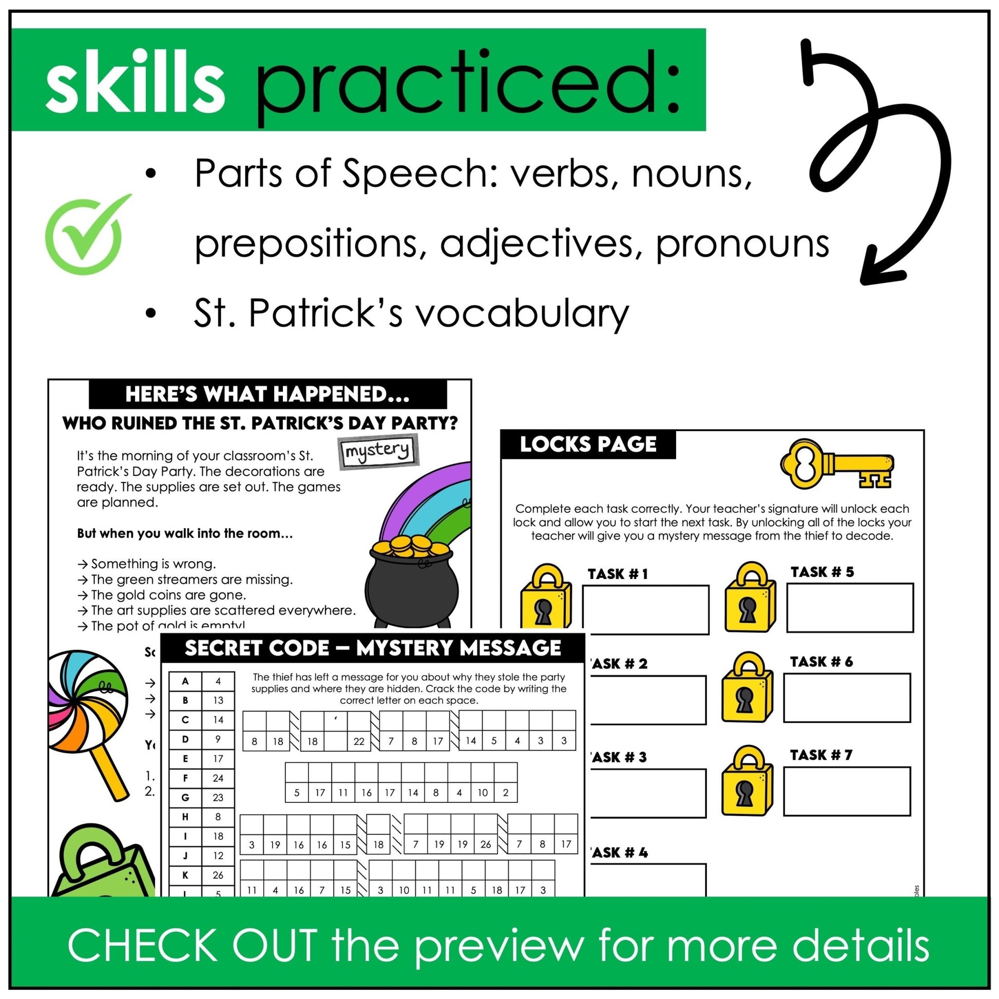 Parts of Speech Escape Room – St. Patrick’s Day Mystery Activity - Hot Chocolate Teachables