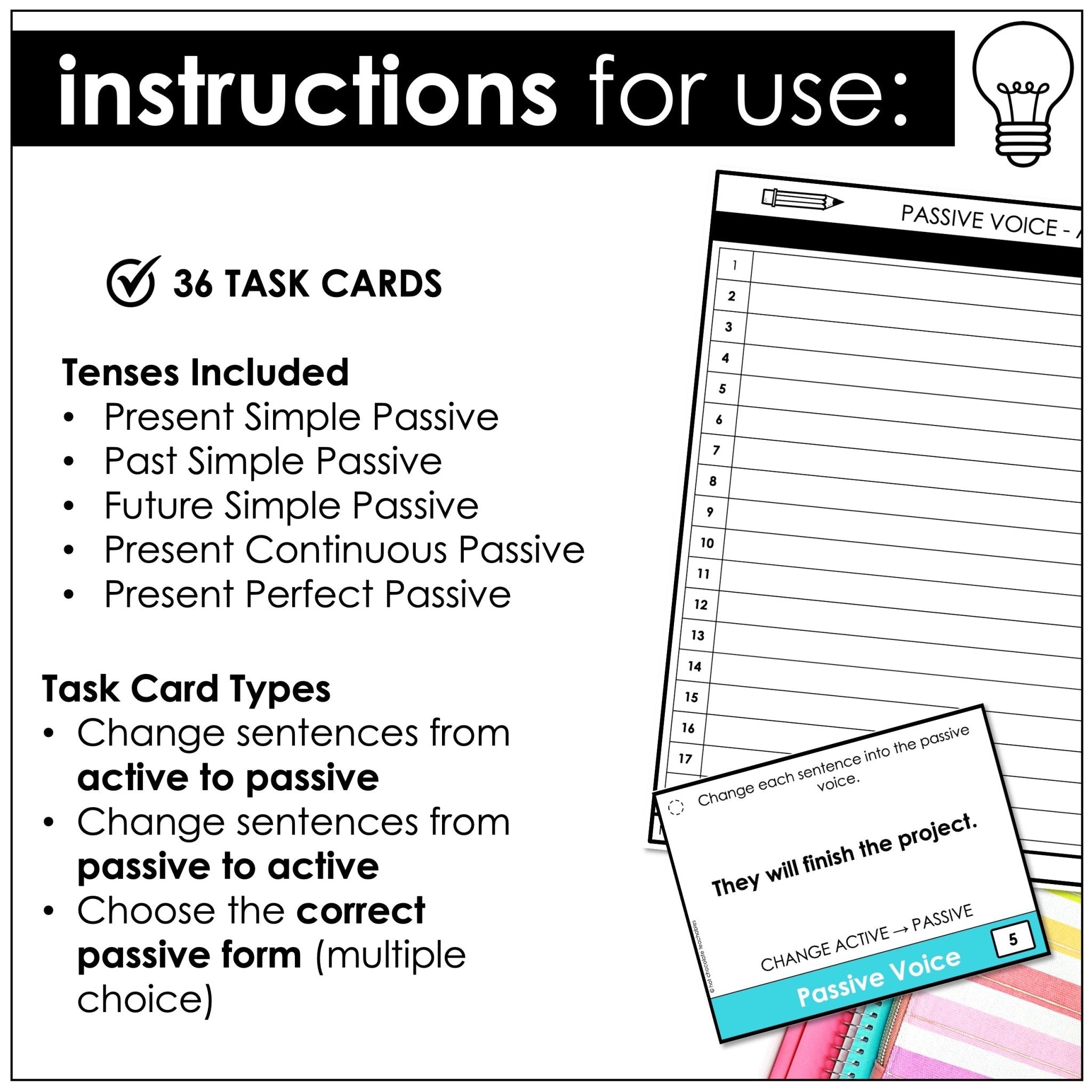 Passive Voice Task Cards – Active to Passive ESL Grammar Activity (B1–B2) - Hot Chocolate Teachables