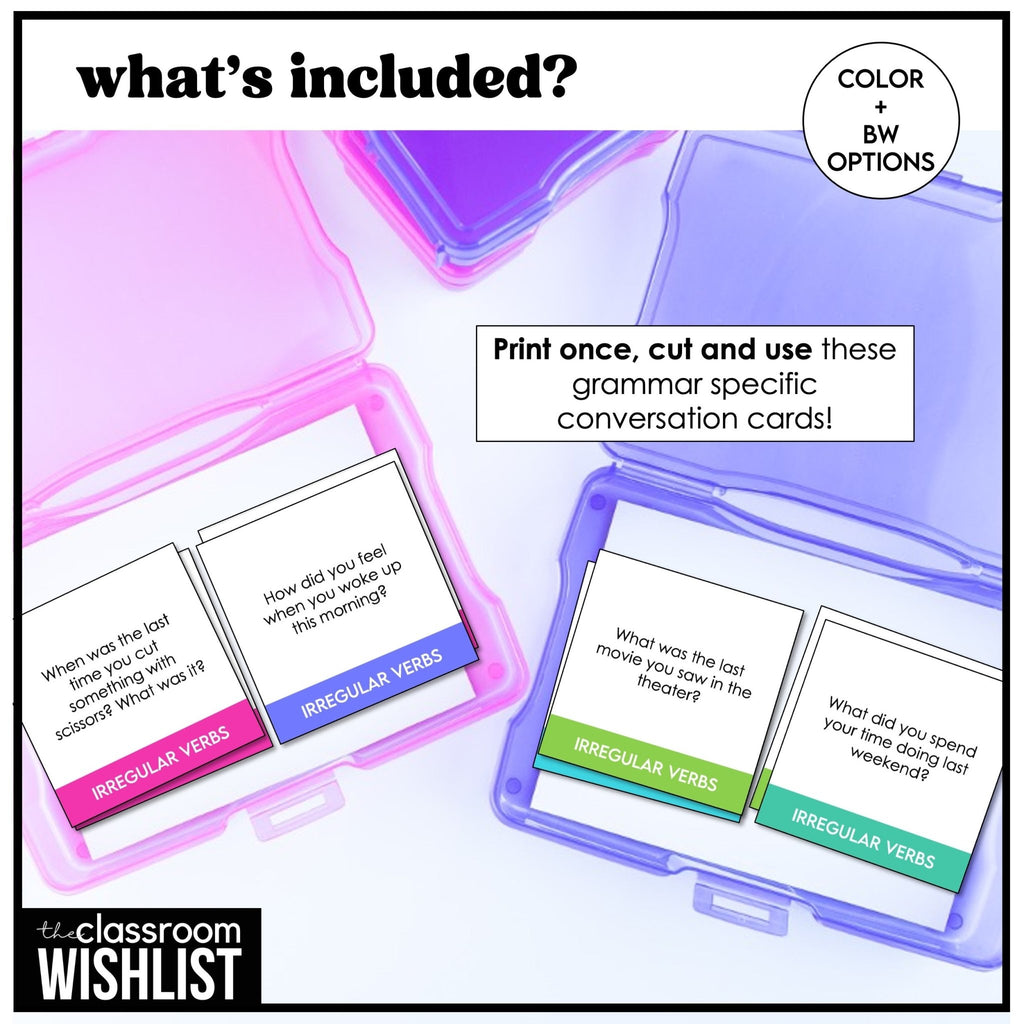 Past Simple Irregular Verb Conversation Cards | 60 Open - Ended Speaking Questions - Hot Chocolate Teachables