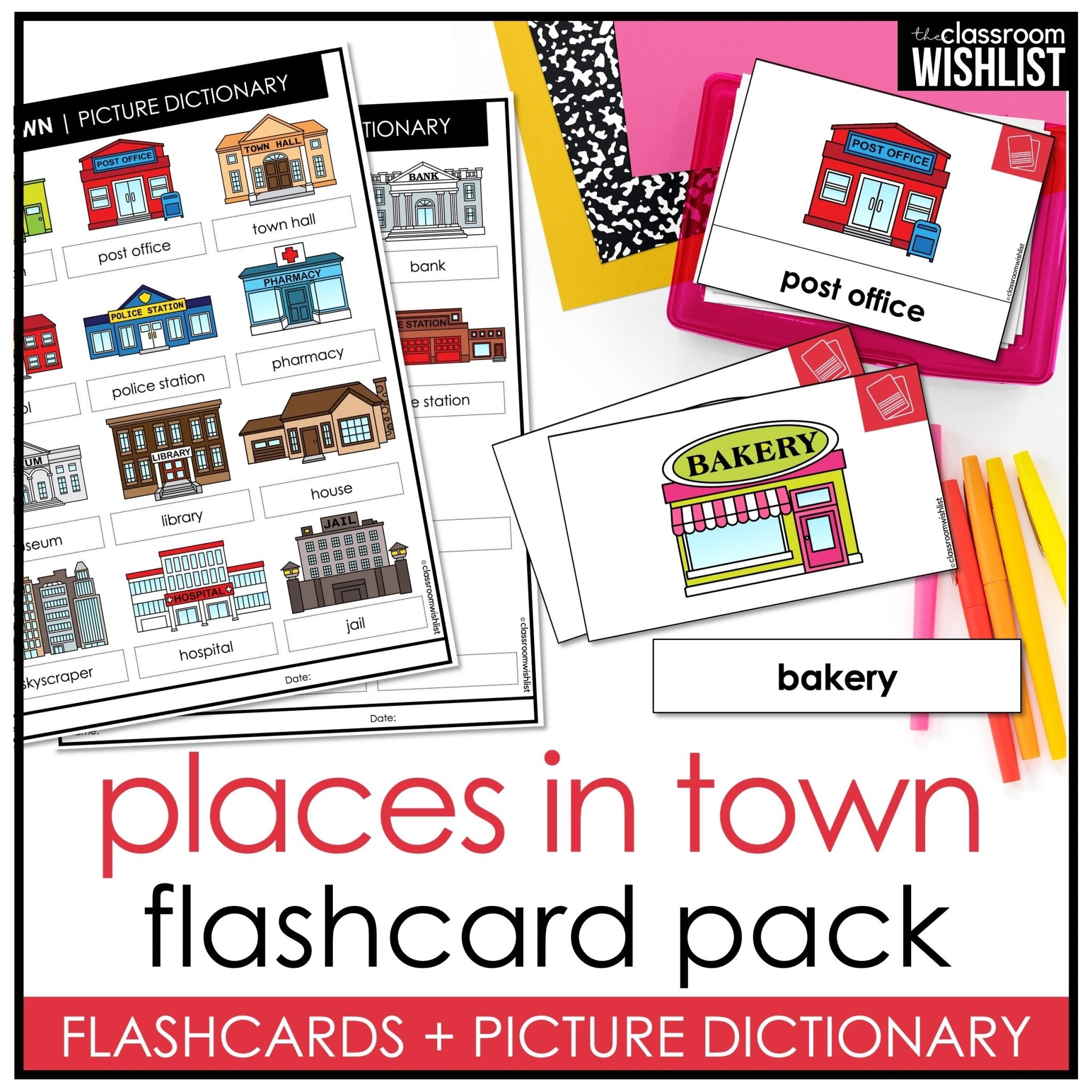 Places in Town Vocabulary Building ESL Flashcard Set: City Buildings - Hot Chocolate Teachables