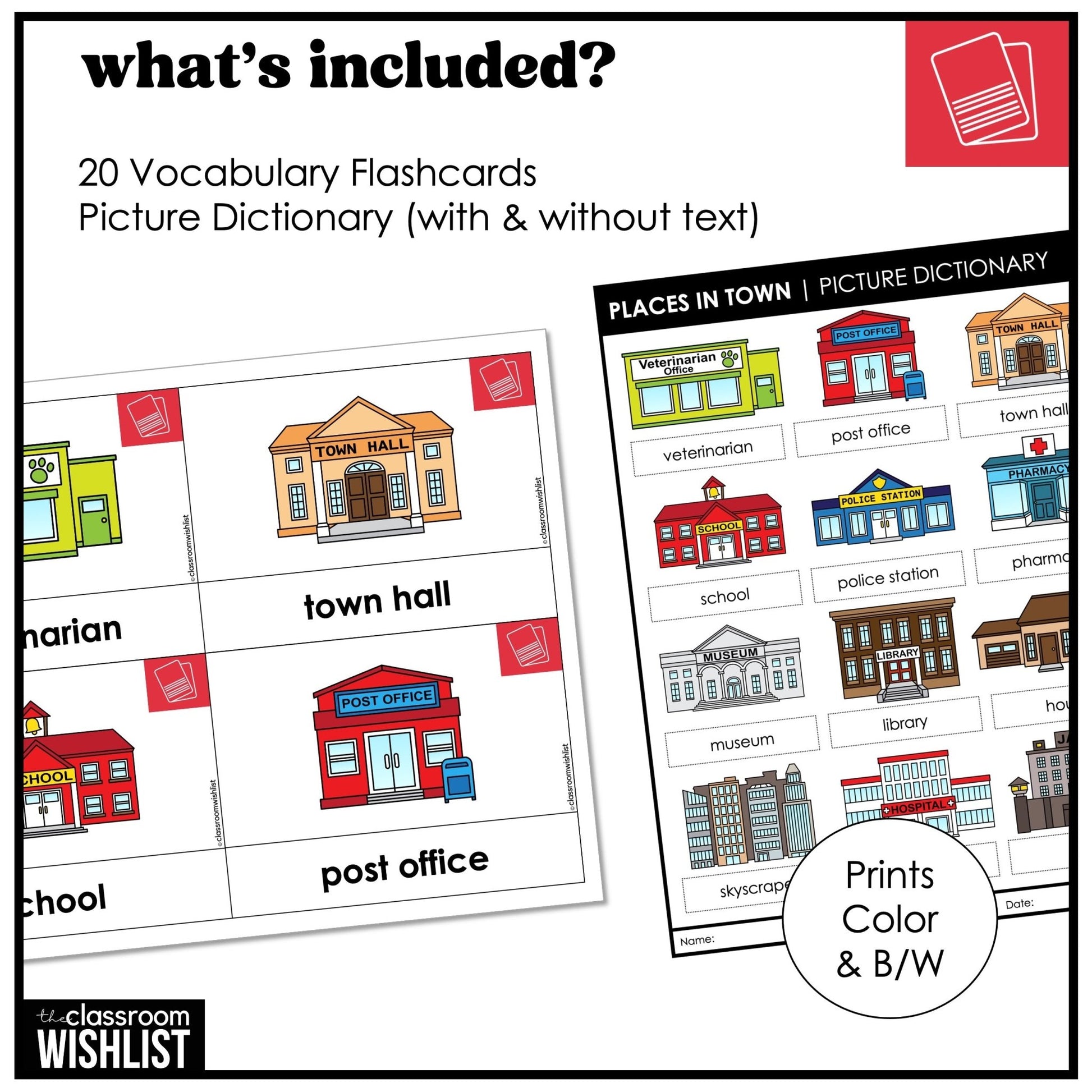 Places in Town Vocabulary Building ESL Flashcard Set: City Buildings - Hot Chocolate Teachables