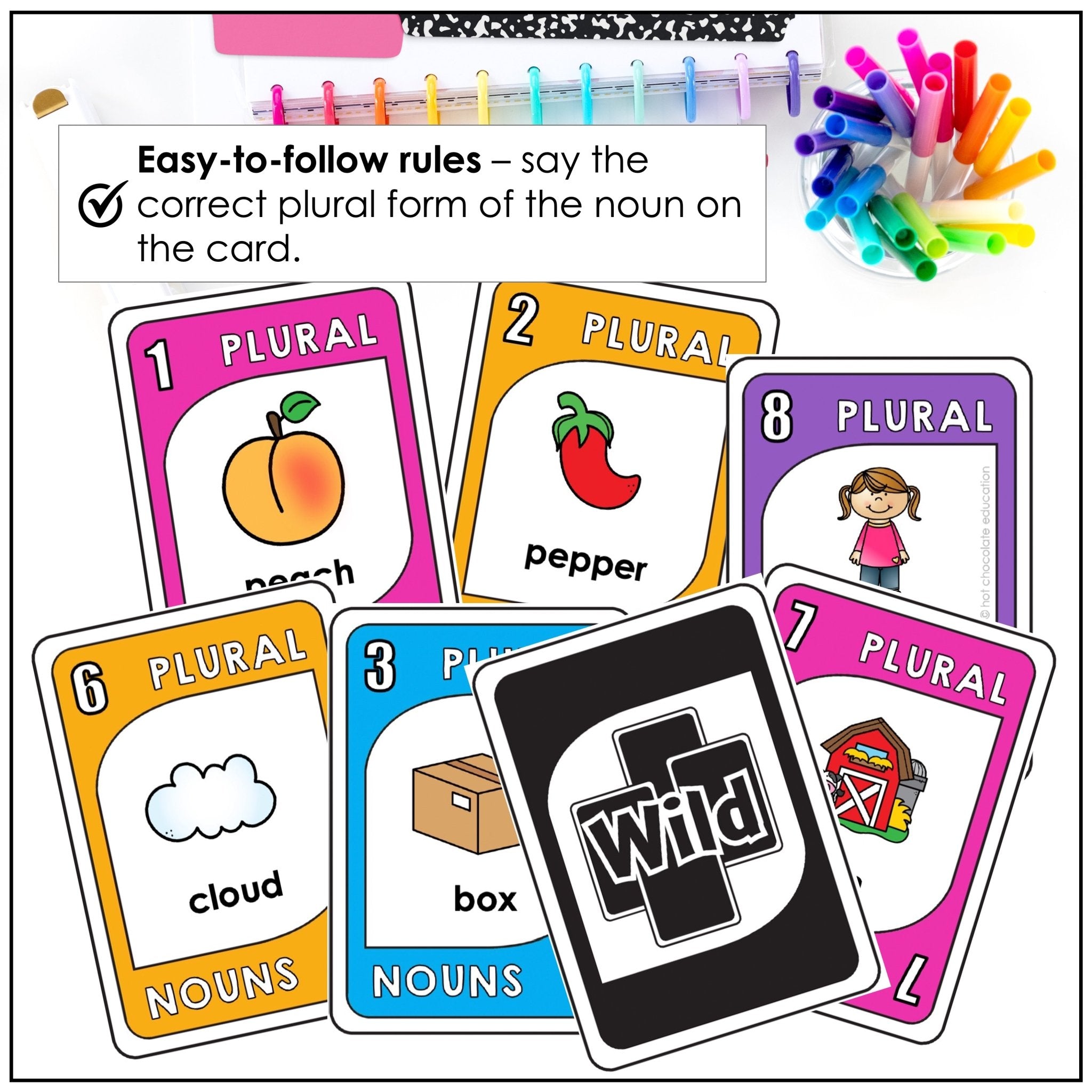 Plural Noun Endings card game - s, - es, - ies, and - ves and irregulars - Hot Chocolate Teachables