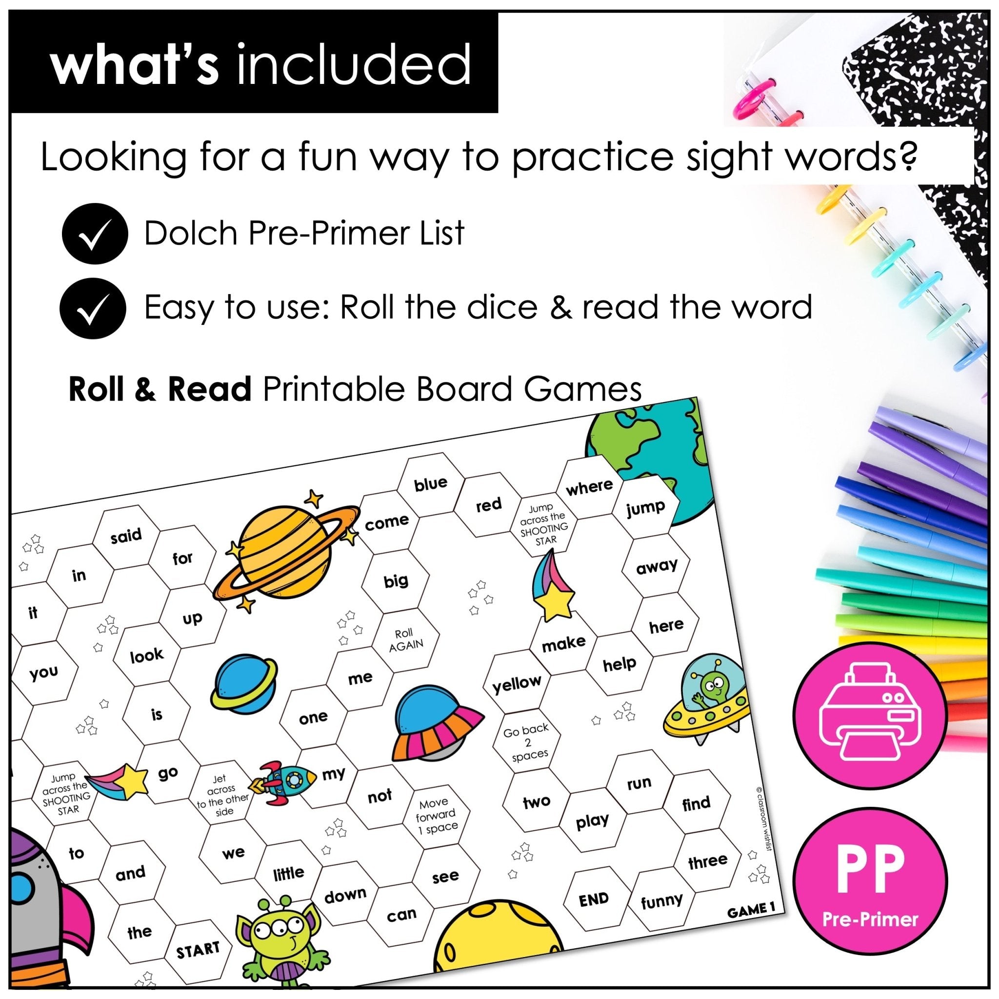 Pre - Primer Sight Words Board Game – Dolch Word Practice Roll & Read Activity - Hot Chocolate Teachables