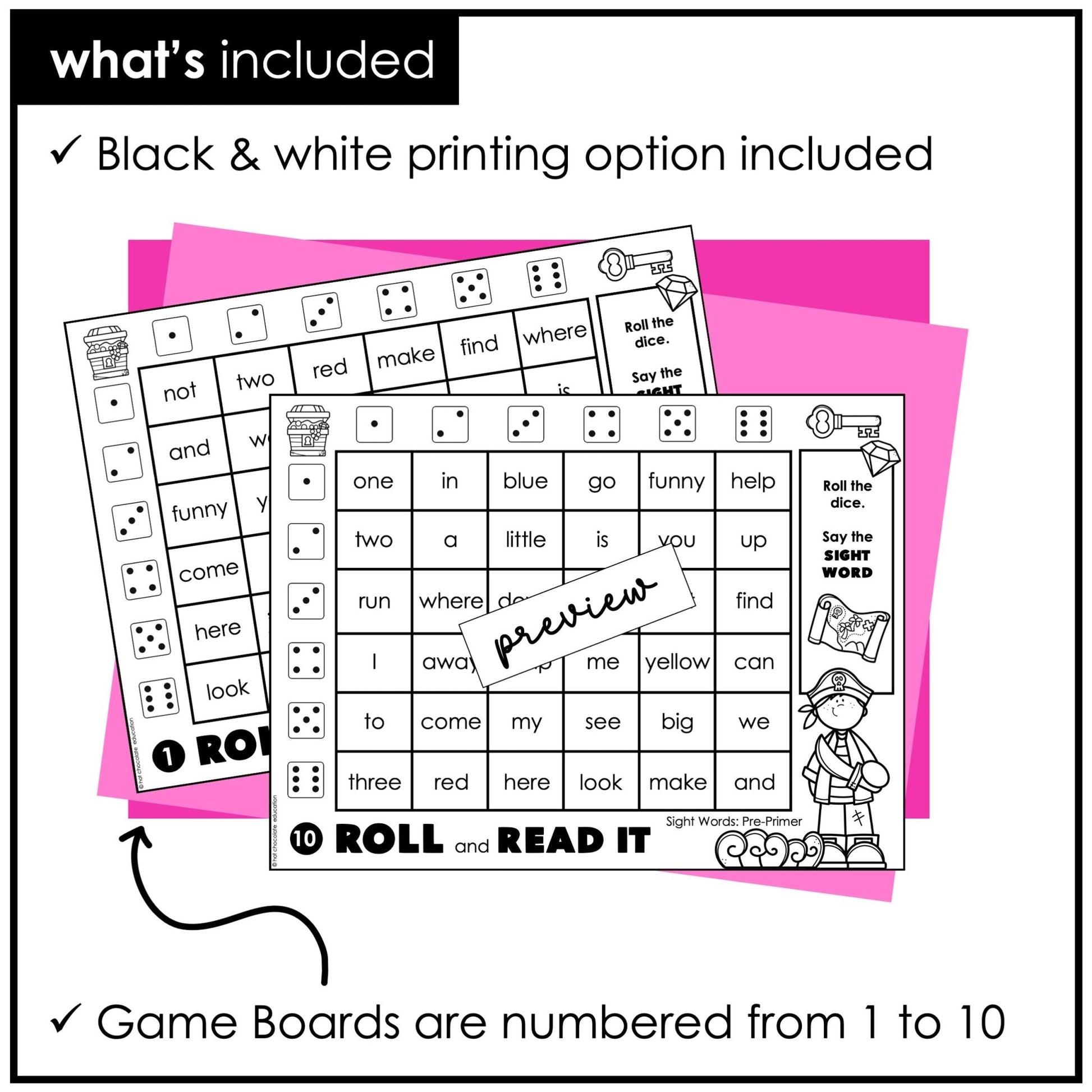 Pre - Primer Sight Words Dice Game - Dolch List Reading Game - Hot Chocolate Teachables