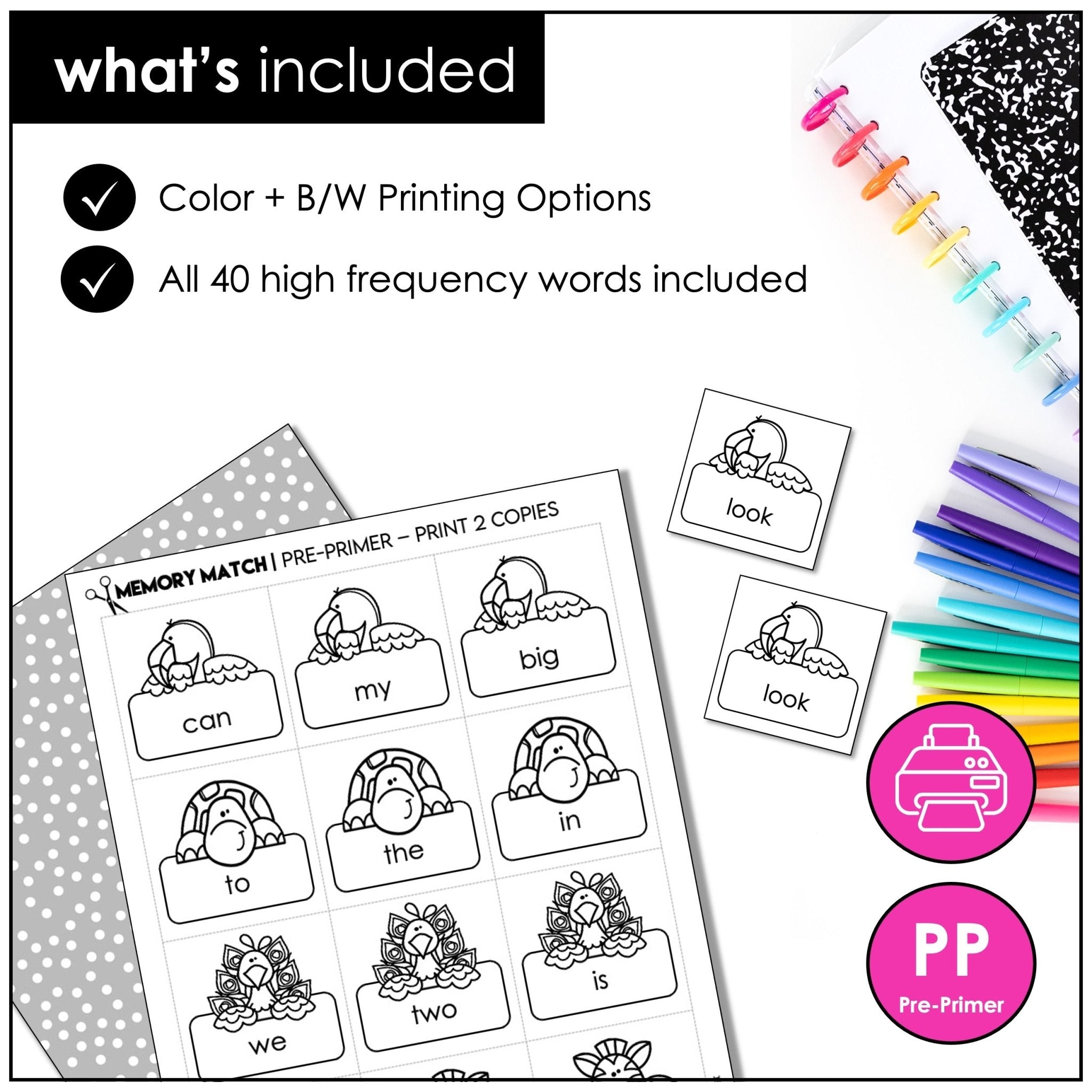 Pre - Primer Sight Words Memory Match Game – Dolch High - Frequency Words for Pre - K & Kindergarten - Hot Chocolate Teachables