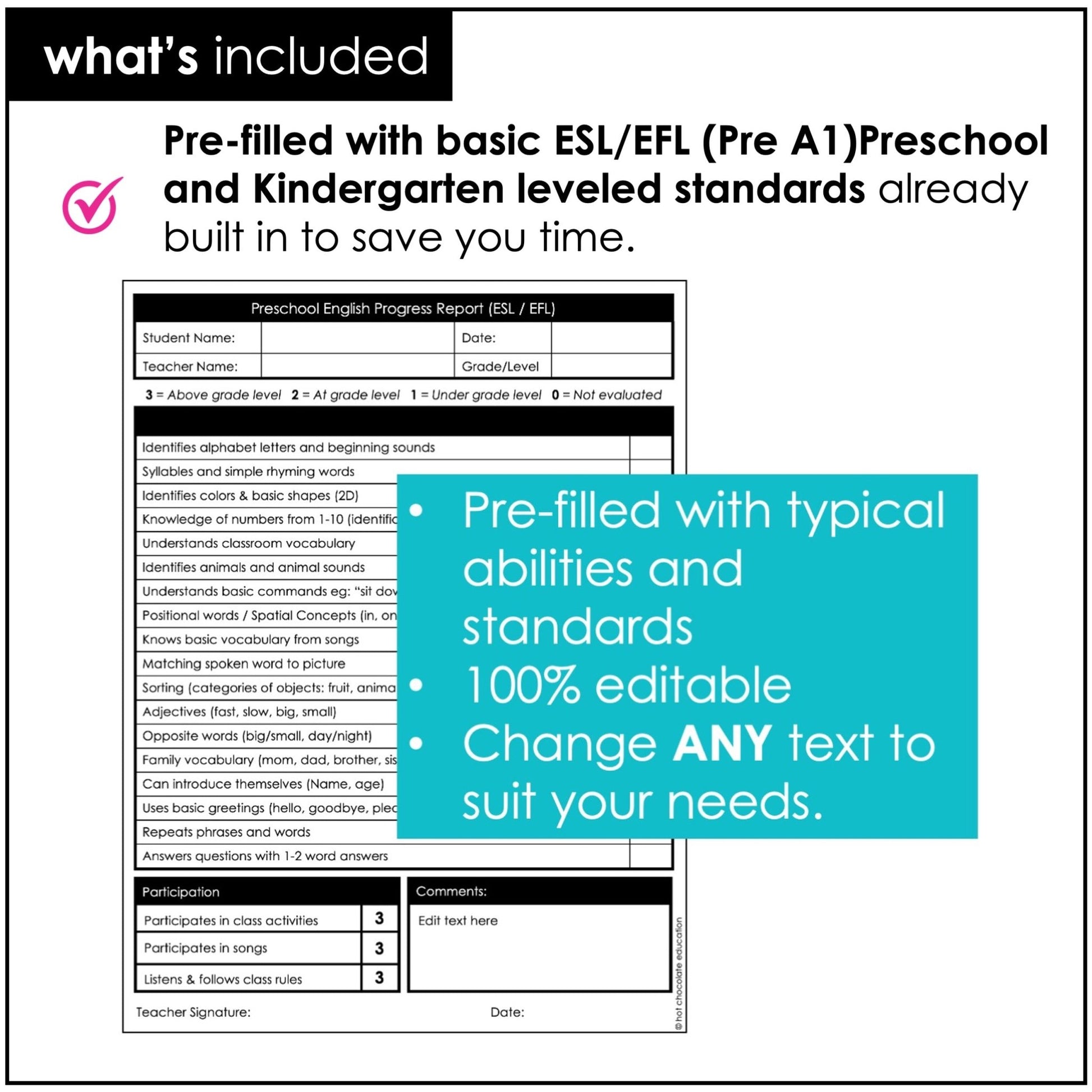 Preschool & Kindergarten ESL/EFL Progress Reports – Editable for Young Learners - Hot Chocolate Teachables