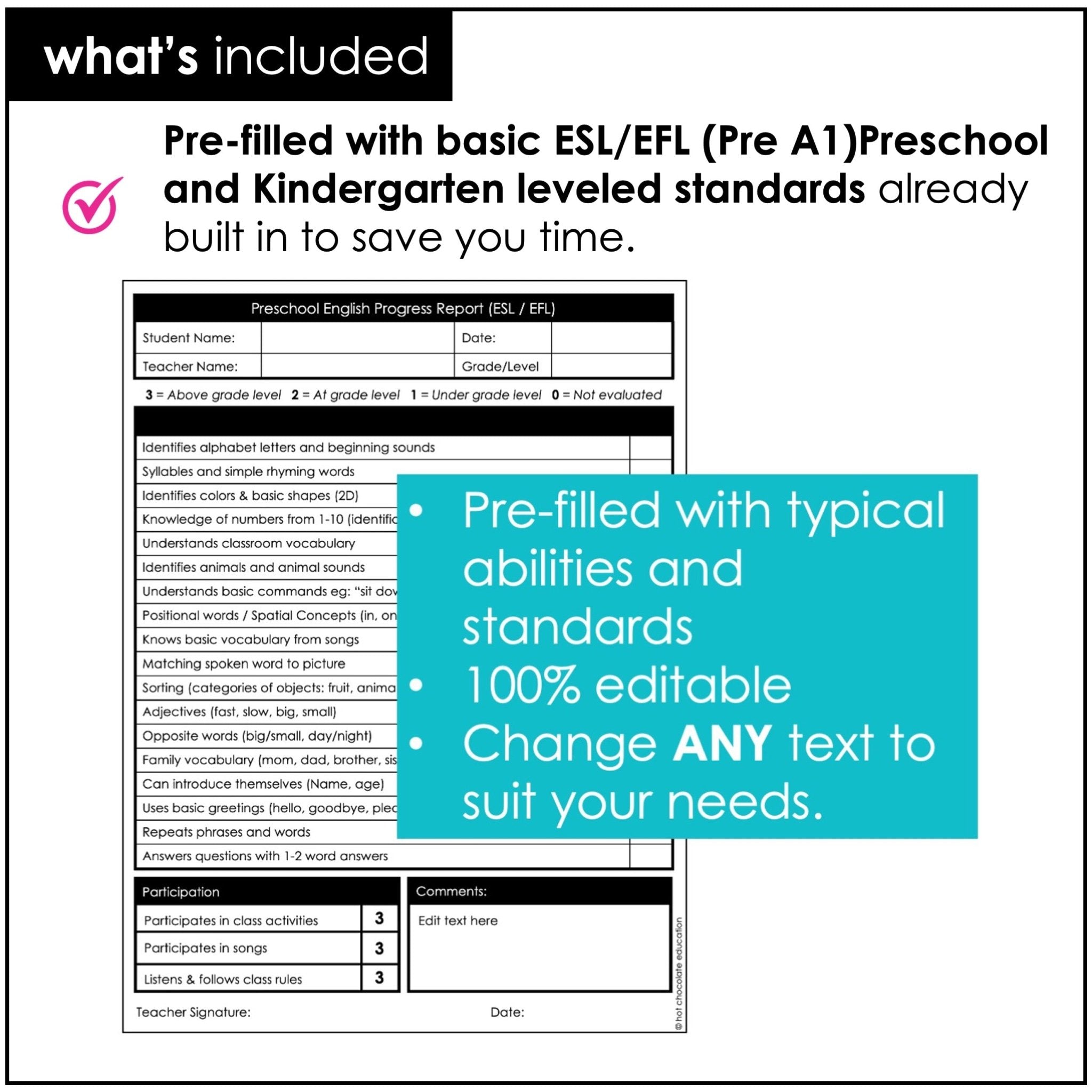 Preschool & Kindergarten ESL/EFL Progress Reports – Editable for Young Learners - Hot Chocolate Teachables