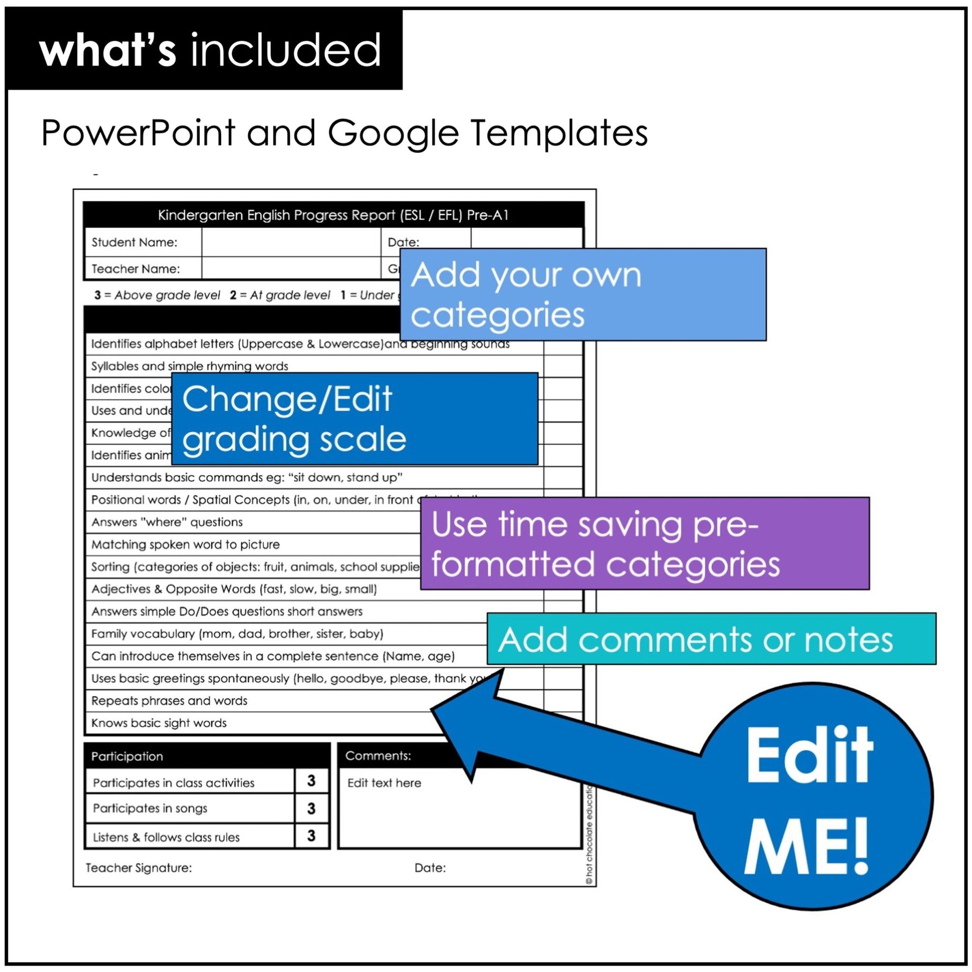 Preschool & Kindergarten ESL/EFL Progress Reports – Editable for Young Learners - Hot Chocolate Teachables