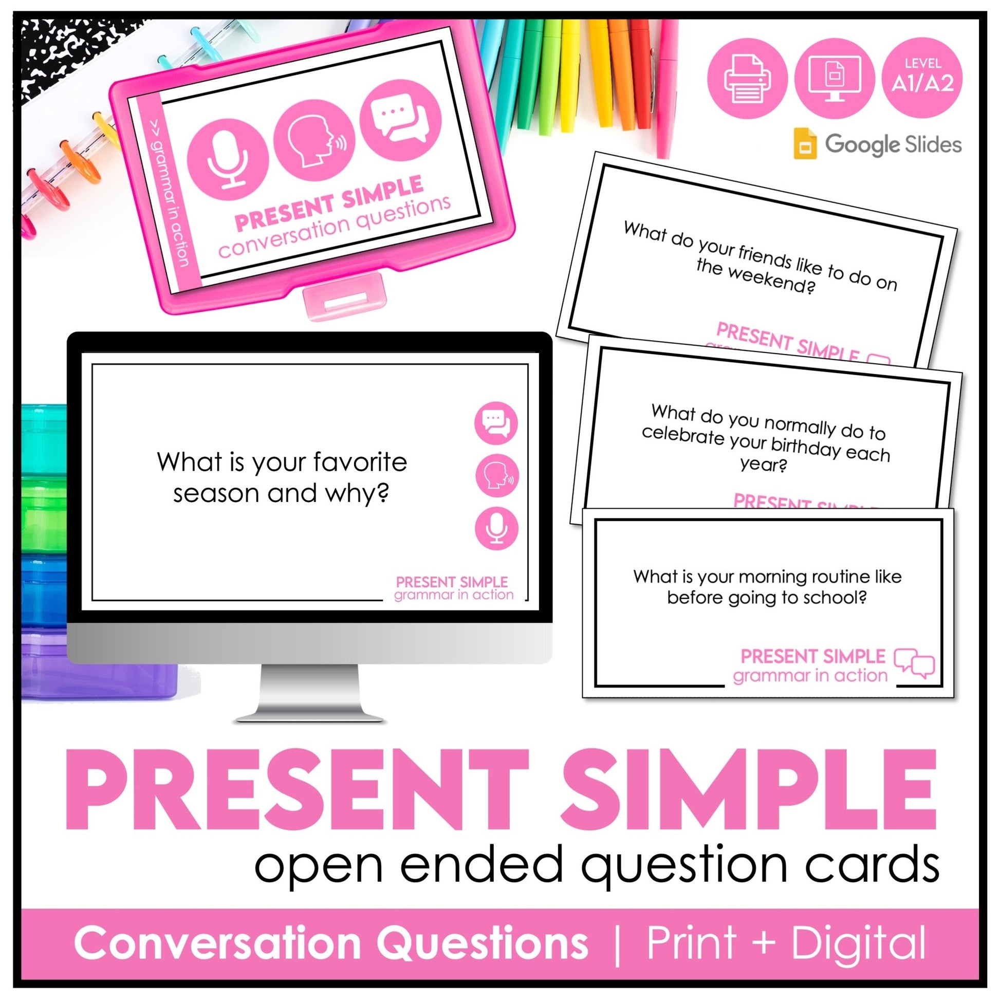 Present Simple ESL Conversation Cards – 60 Digital & Printable Question Prompts - Hot Chocolate Teachables