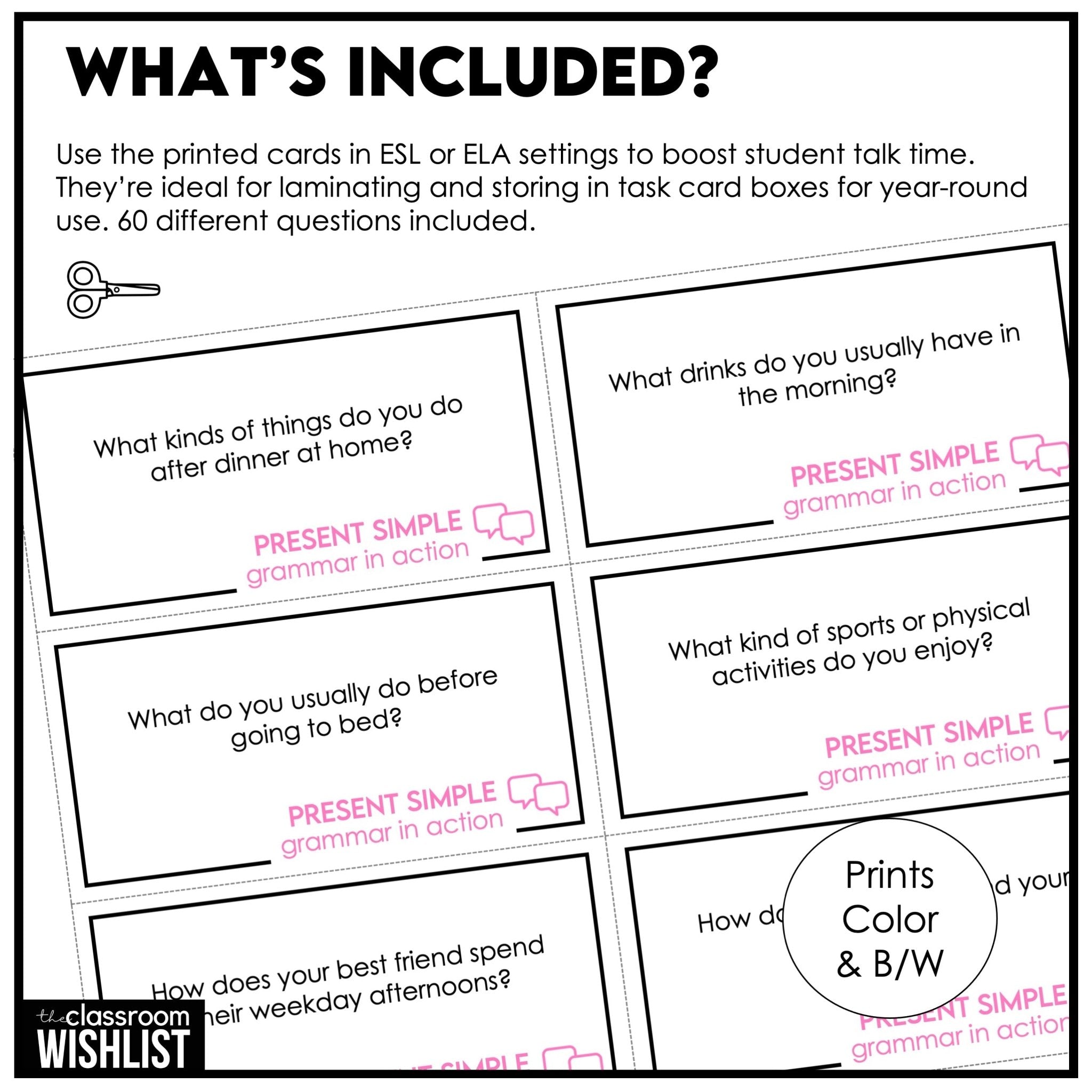 Present Simple ESL Conversation Cards – 60 Digital & Printable Question Prompts - Hot Chocolate Teachables