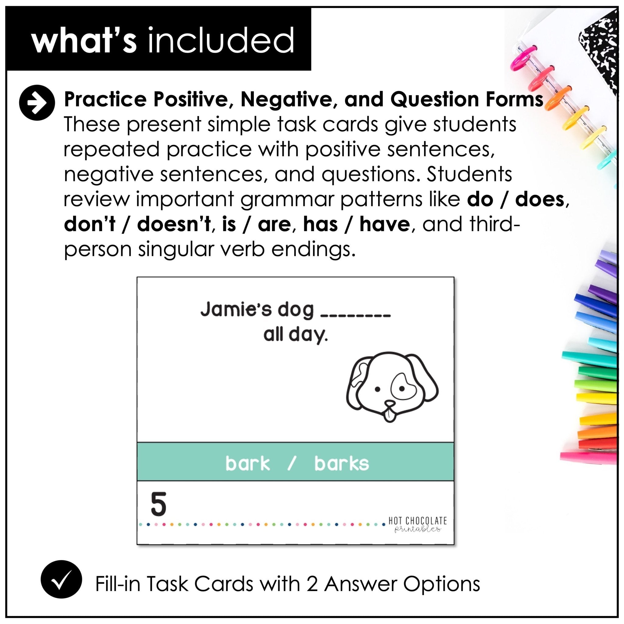 Present Simple Task Cards to practice Positive, Negative and Question Forms - Hot Chocolate Teachables