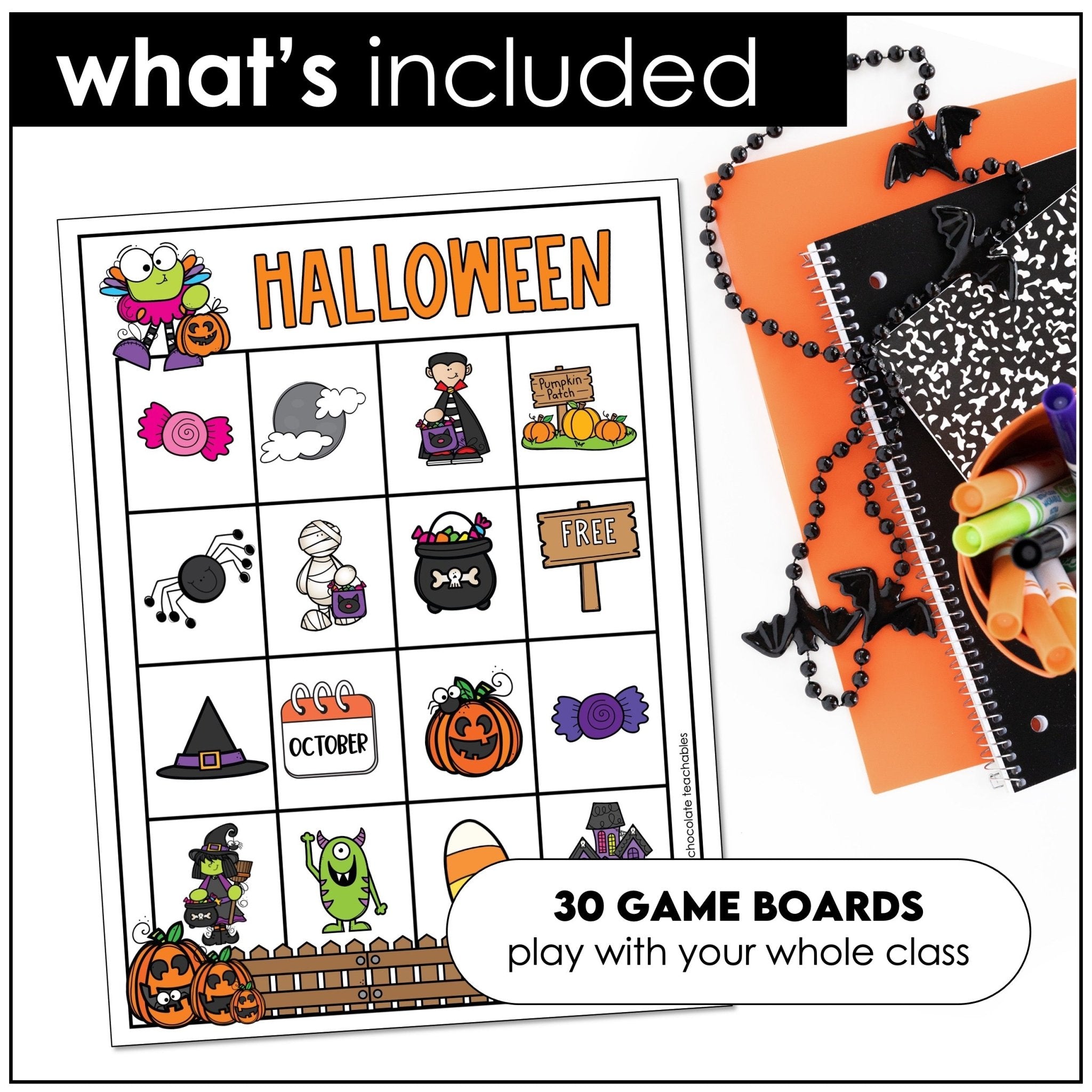 Printable Halloween Bingo – Vocabulary Game with October Words for Kids - Hot Chocolate Teachables