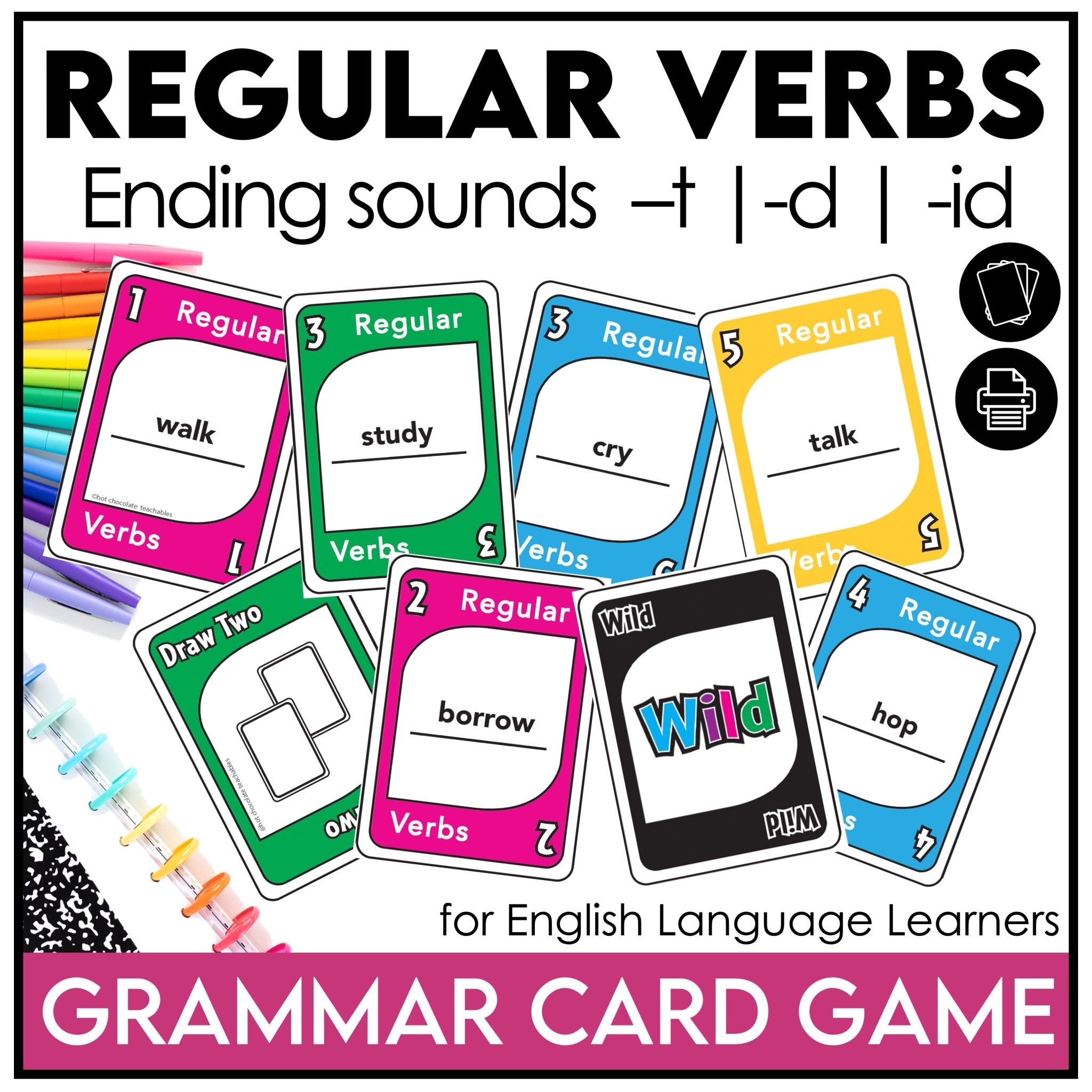 Regular Past Tense Verb Card Game - Ending Pronunciations - t - d - id - Hot Chocolate Teachables