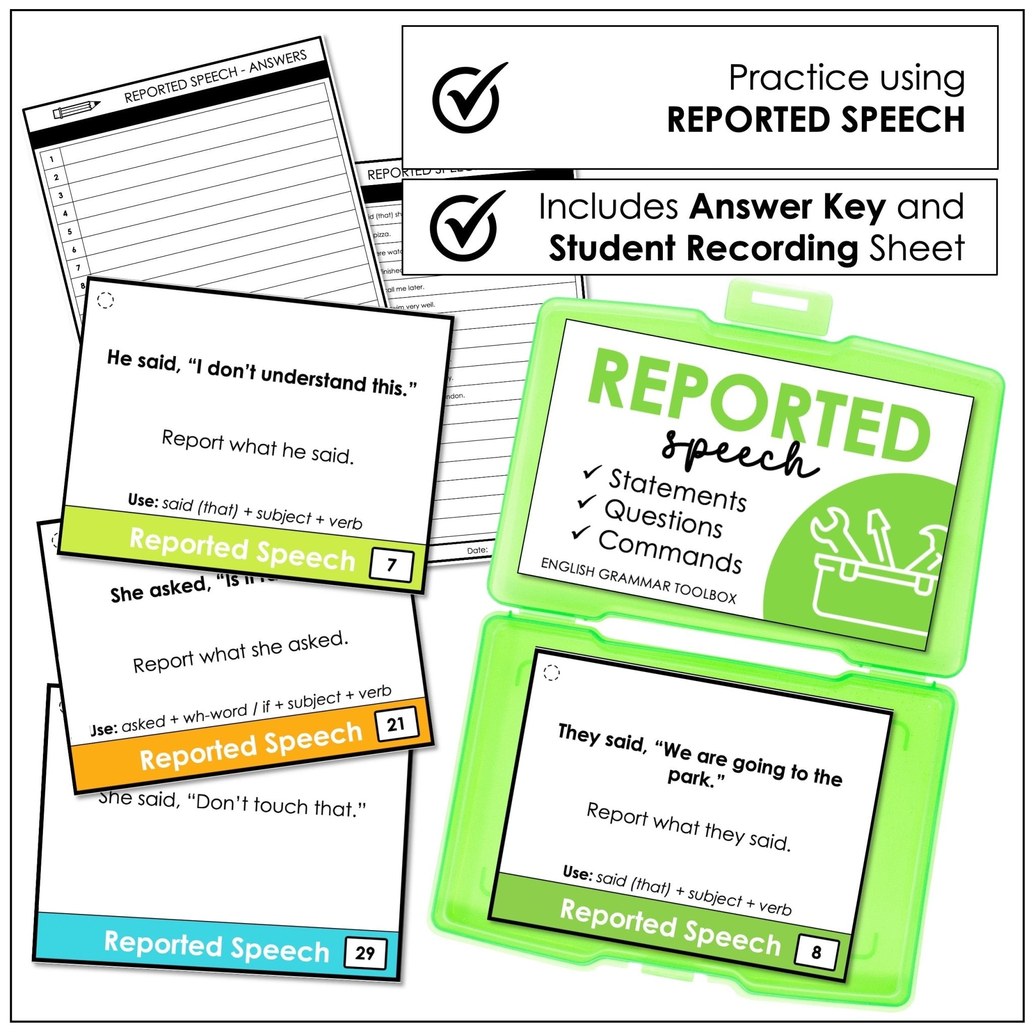 Reported Speech Task Cards – Statements, Questions & Commands (Direct to Reported ESL) - Hot Chocolate Teachables