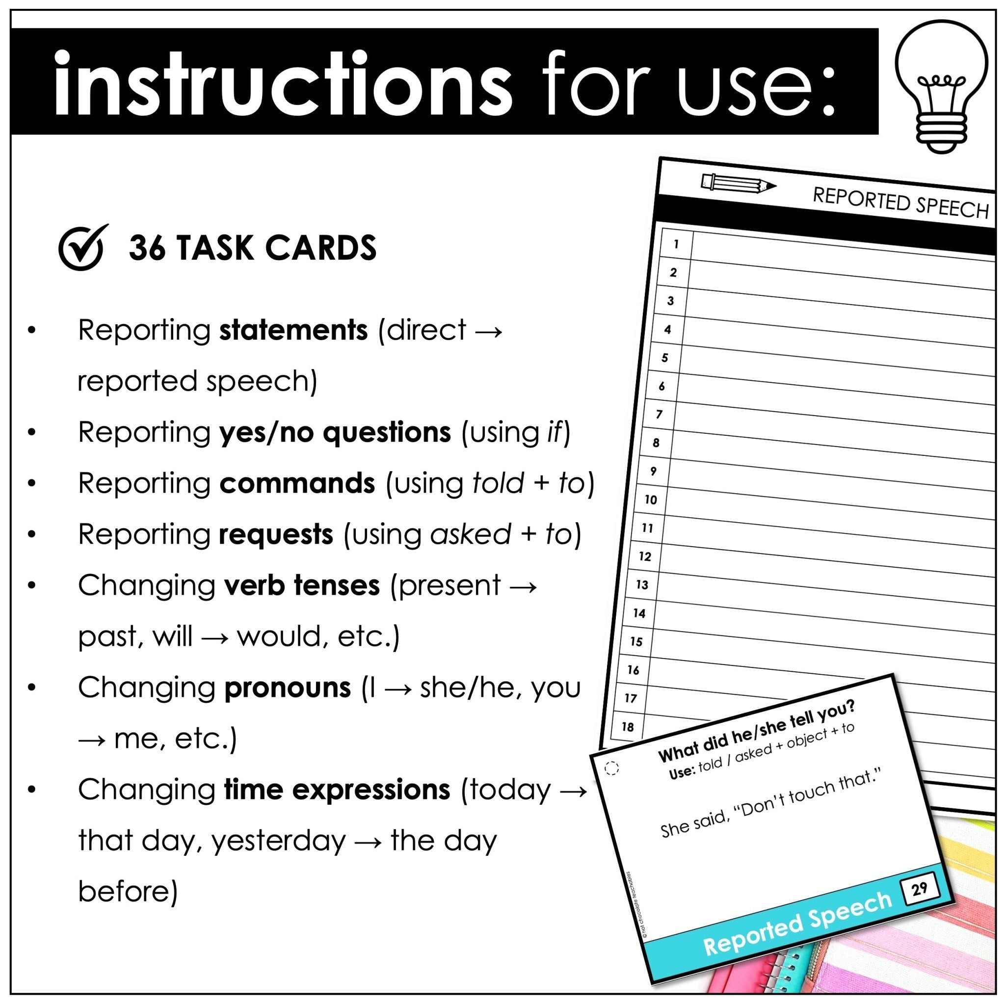 Reported Speech Task Cards – Statements, Questions & Commands (Direct to Reported ESL) - Hot Chocolate Teachables