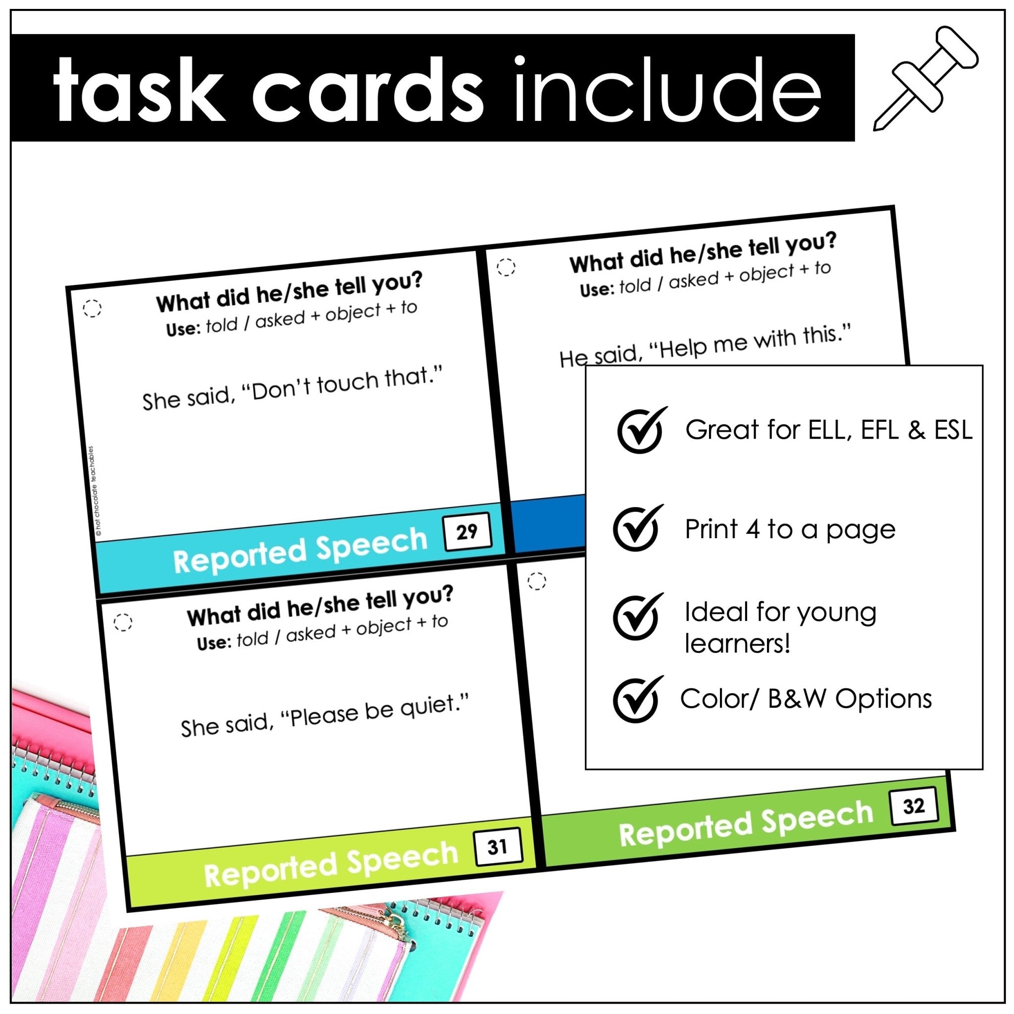 Reported Speech Task Cards – Statements, Questions & Commands (Direct to Reported ESL) - Hot Chocolate Teachables