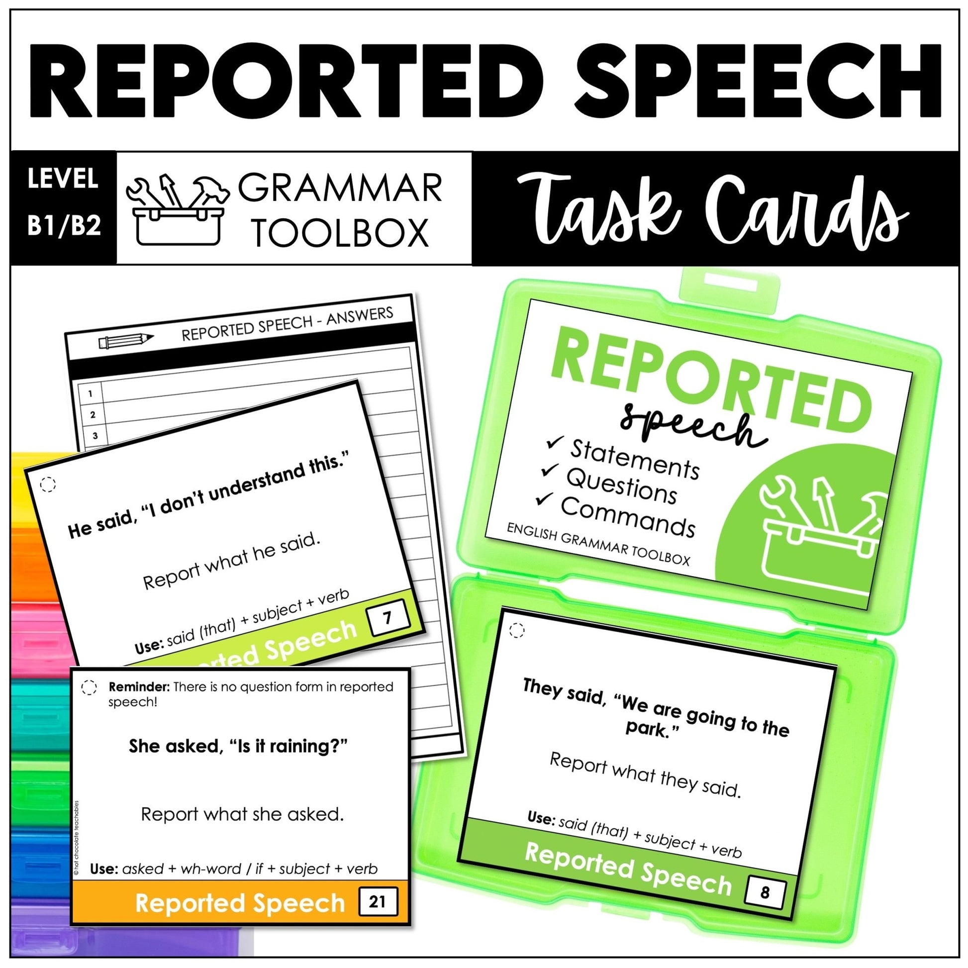 Reported Speech Task Cards – Statements, Questions & Commands (Direct to Reported ESL) - Hot Chocolate Teachables