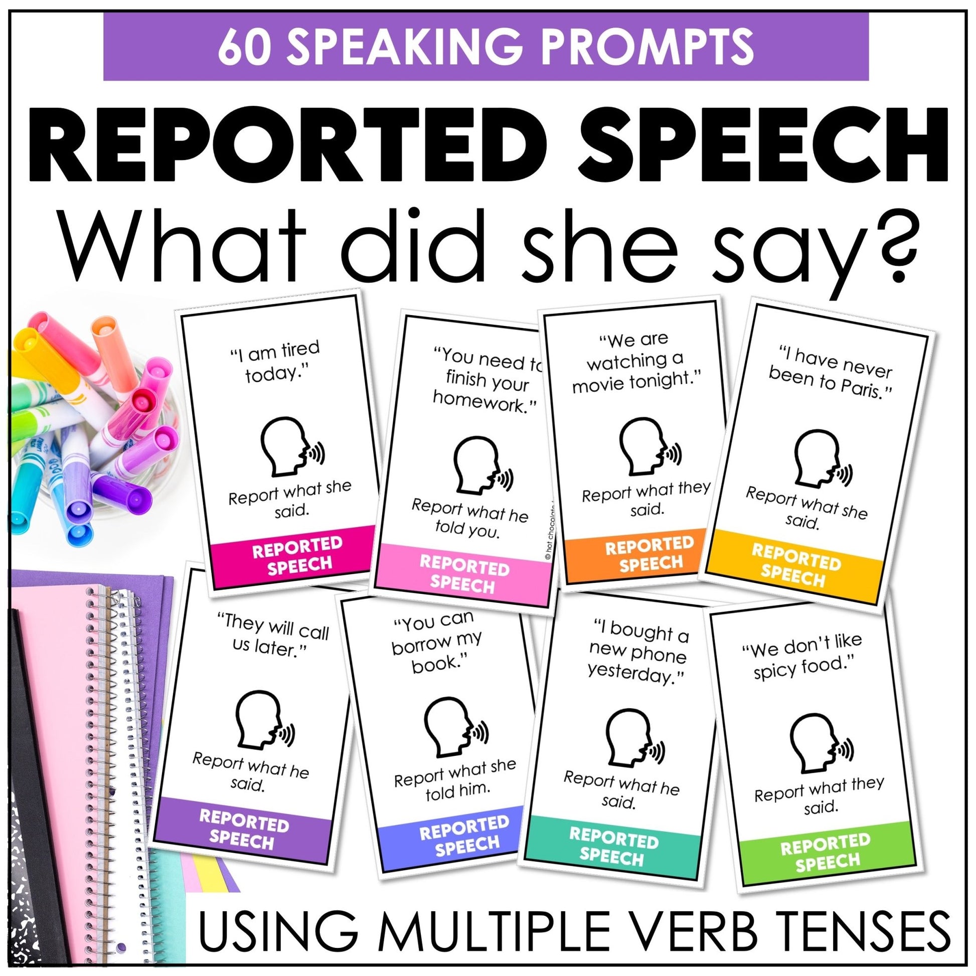 Reported Speech Task Cards – Statements, Questions & Commands ESL Grammar - Hot Chocolate Teachables