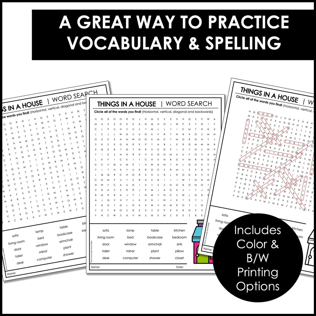 Rooms and Objects in a House Vocabulary Building Word Search - Hot Chocolate Teachables