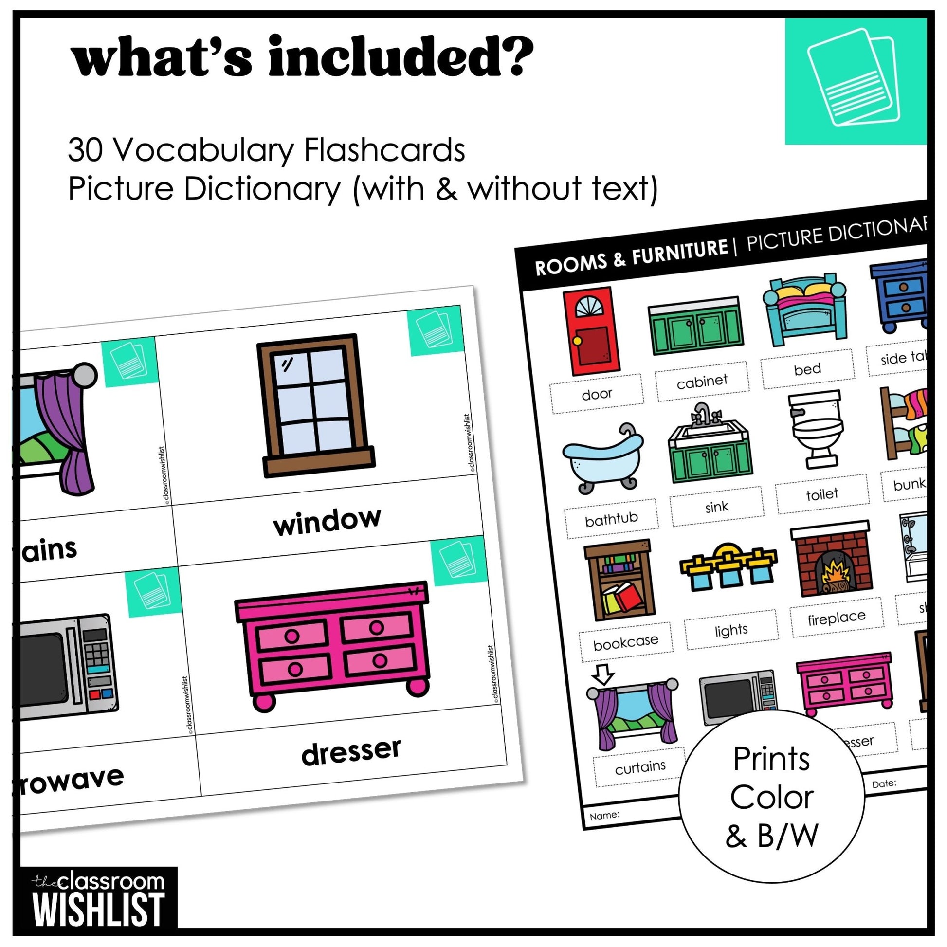 Rooms & Furniture Vocabulary Flashcard Bundle | Print & Digital | ESL, EFL, ELL - Hot Chocolate Teachables